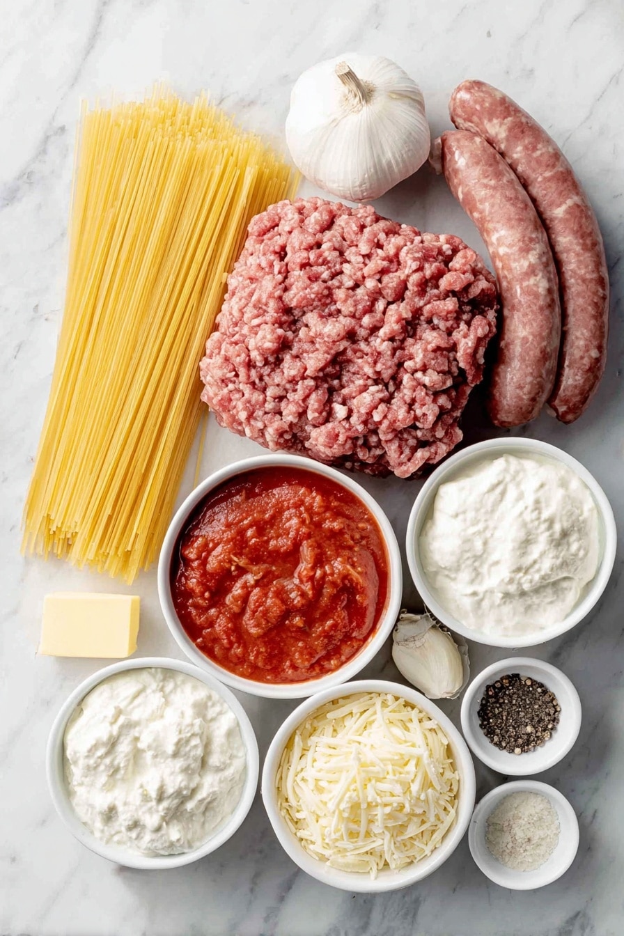 Flat lay of a bundle of uncooked spaghetti, a small pat of yellow butter on a simple white ceramic plate, a mound of fresh ground beef, a small pile of raw Italian sausage links, one whole small yellow onion, three whole garlic cloves, a small white ceramic bowl filled with vibrant red marinara sauce, a small white ceramic bowl with cream cheese, a small white ceramic bowl with ricotta cheese, a small white ceramic bowl with sour cream, a small white ceramic bowl with grated Parmesan cheese, a small white ceramic bowl with shredded mozzarella cheese, a small white ceramic bowl containing mixed Italian seasoning, a small white ceramic bowl with coarse salt, and another small white ceramic bowl with black peppercorns, all arranged symmetrically and proportionally, placed on a clean white marble surface, soft natural light, photo taken with an iPhone, professional food photography style, fresh ingredients, white ceramic bowls, no bottles, no duplicates, no utensils, no packaging --ar 2:3 --v 7 --p m7354615311229779997 - Creamy Cheesy Million Dollar Spaghetti, cheesy baked spaghetti, easy casserole recipes, hearty comfort food dinner, family-friendly spaghetti bake