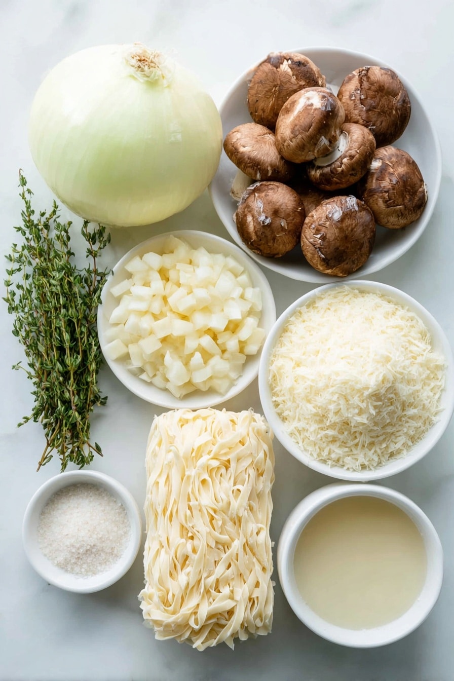 Flat lay of a large yellow onion, diced into small cubes, a pile of fresh cremini mushrooms sliced, three whole cloves of garlic with clean skins, a few sprigs of fresh thyme leaves, a small mound of all-purpose flour on a white ceramic plate, a small white ceramic bowl filled with vegetable broth, a tiny white bowl containing fine sea salt, another small white bowl with freshly ground black pepper, a neat bundle of dried broad egg noodles, a small white ceramic bowl holding fresh milk, a small pile of grated Parmesan cheese, and a few sprigs of chopped flat-leaf parsley arranged symmetrically in simple white ceramic bowls placed on a clean white marble surface, soft natural light, photo taken with an iPhone, professional food photography style, fresh ingredients, white ceramic bowls, no bottles, no duplicates, no utensils, no packaging --ar 2:3 --v 7 --p m7354615311229779997 - Vegetarian Mushroom Stroganoff, easy vegetarian stroganoff, creamy mushroom pasta, plant-based stroganoff recipe, quick mushroom dinner