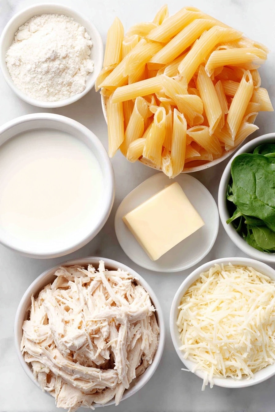 Flat lay of a mound of uncooked penne pasta, a small pat of unsalted butter, two whole uncracked brown garlic bulbs, a small white ceramic bowl with all purpose flour, a small white ceramic bowl filled with fresh whole milk, a small white ceramic bowl with a few dollops of cream cheese, a small pile of shredded parmesan cheese, a portion of cooked shredded chicken breast, a small heap of fresh lightly chopped spinach leaves, and a small white ceramic bowl with clear pasta cooking water, all arranged in perfect symmetry and balanced proportions, placed on a clean white marble surface, soft natural light, photo taken with an iPhone, professional food photography style, fresh ingredients, white ceramic bowls, no bottles, no duplicates, no utensils, no packaging --ar 2:3 --v 7 --p m7354615311229779997 - Creamy Chicken Spinach Pasta, Creamy Chicken Pasta, Easy Chicken Pasta Recipe, Quick Pasta Dinner, Comforting Chicken Pasta