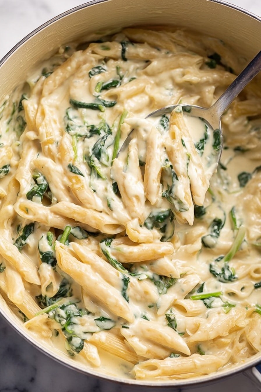 The image shows a pot filled with creamy pasta. The pasta is penne, which is light beige and mixed in a thick white sauce. There are pieces of green spinach evenly spread throughout the pasta, adding small color spots. The sauce looks smooth and coats the pasta well. A metal spoon is partially inside the pot, lifting some pasta. The background is a white marbled texture. photo taken with an iphone --ar 2:3 --v 7 - Creamy Chicken Spinach Pasta, Creamy Chicken Pasta, Easy Chicken Pasta Recipe, Quick Pasta Dinner, Comforting Chicken Pasta