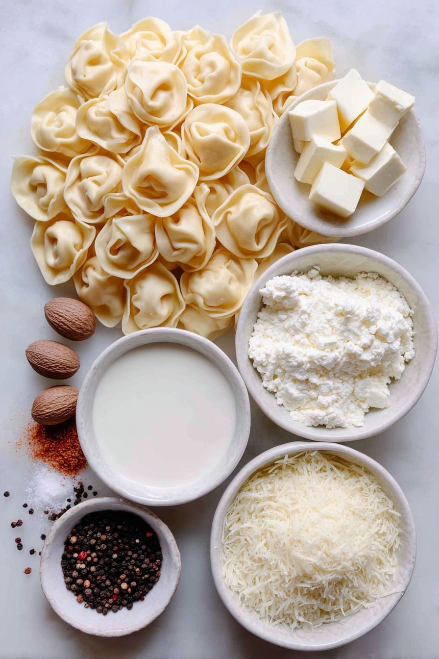 Flat lay of a mound of fresh cheese tortellini pasta, a small white ceramic bowl of unsalted butter cubes, a small white ceramic bowl filled with heavy cream, a small white ceramic bowl of freshly grated parmesan cheese, a few whole nutmeg seeds next to a small pile of ground nutmeg, a small cluster of whole black peppercorns with some freshly ground black pepper scattered nearby, all arranged symmetrically and balanced, placed on a clean white marble surface, soft natural light, photo taken with an iPhone, professional food photography style, fresh ingredients, white ceramic bowls, no bottles, no duplicates, no utensils, no packaging --ar 2:3 --v 7 --p m7354615311229779997 - Creamy Cheese Tortellini, cheese tortellini recipe, easy pasta dinner, quick creamy pasta, comfort food recipes