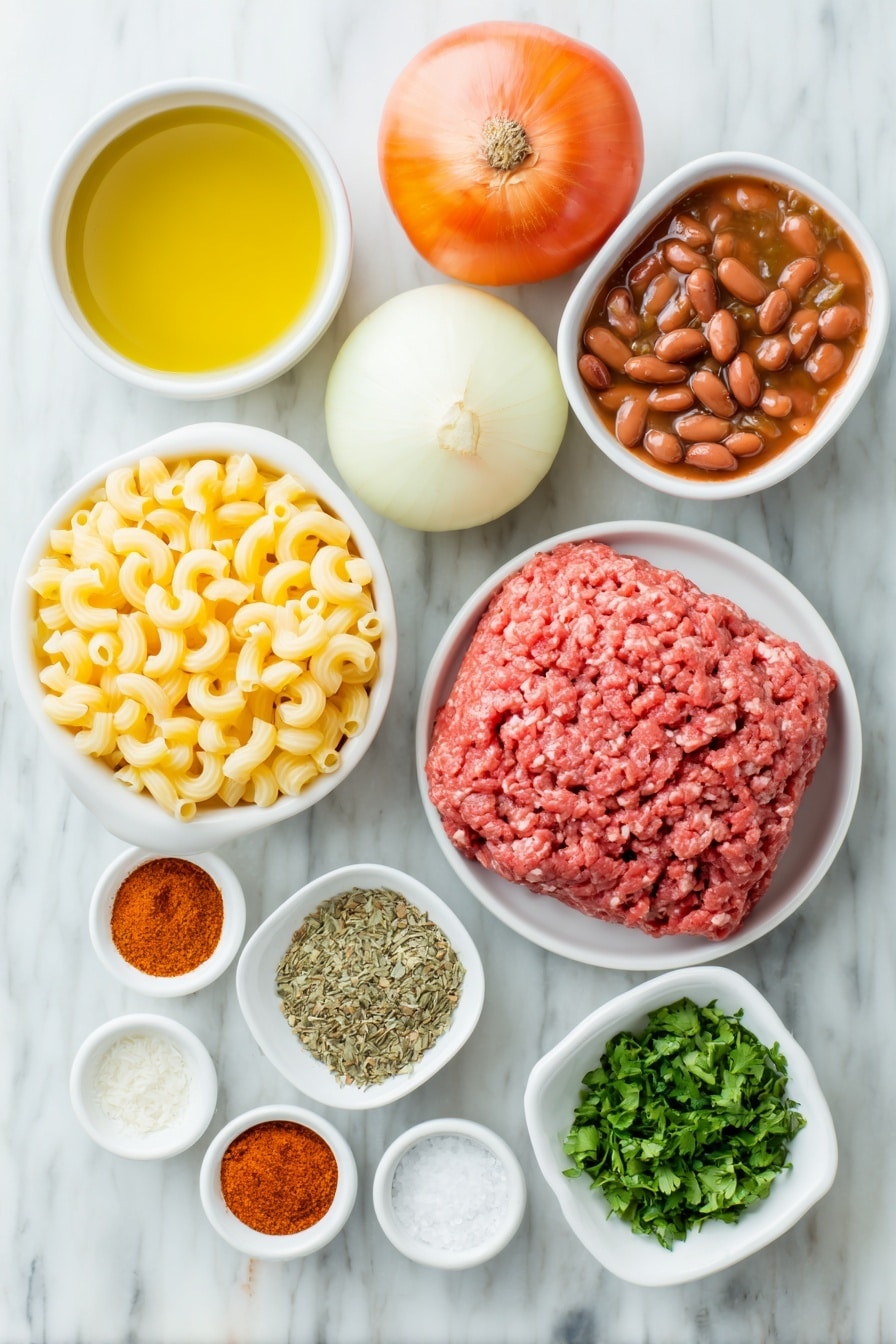 Flat lay of a small white ceramic bowl of golden olive oil, two whole uncracked brown garlic cloves, one whole fresh onion with white and light purple layers visible, one red bell pepper chopped into vibrant pieces, a mound of raw lean ground beef with deep red color, a simple white ceramic bowl filled with bright crushed tomatoes, a small white bowl of glossy red kidney beans drained, a small white bowl holding rich brown beef broth, uncooked elbow macaroni pasta arranged neatly, a small white bowl heaped with shredded yellow and orange cheddar and Monterey Jack cheese blend, a small white bowl with finely chopped fresh green cilantro, another small white bowl containing bright red cayenne pepper powder, a small white bowl of deep orange paprika powder, a small white bowl with warm brown cumin powder, a small white bowl with pale beige onion powder, a small white bowl with dried oregano leaves, a small white bowl of coarse black pepper, and a small white bowl of white salt crystals, all arranged in perfect symmetry placed on a clean white marble surface, soft natural light, photo taken with an iPhone, professional food photography style, fresh ingredients, white ceramic bowls, no bottles, no duplicates, no utensils, no packaging --ar 2:3 --v 7 --p m7354615311229779997 - One-Pot Chili Mac and Cheese, chili mac and cheese recipe, easy comfort food, cheesy chili pasta, one-pot dinner idea