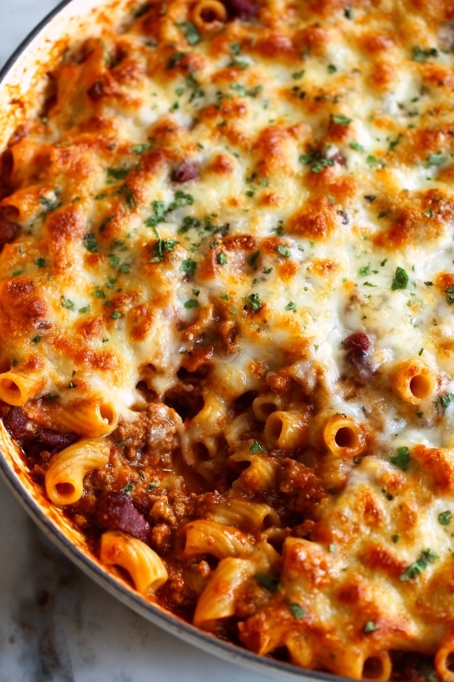 The image shows a close-up of a round white pan filled with baked pasta. The dish has a top layer of melted golden cheese with some browned spots, sprinkled with green herbs. Underneath, tubes of reddish pasta are visible inside a thick red sauce with bits of meat. The cheese melts over the pasta, creating a bubbly and inviting texture. The pan is placed on a white marbled surface. photo taken with an iphone --ar 2:3 --v 7 - One-Pot Chili Mac and Cheese, chili mac and cheese recipe, easy comfort food, cheesy chili pasta, one-pot dinner idea