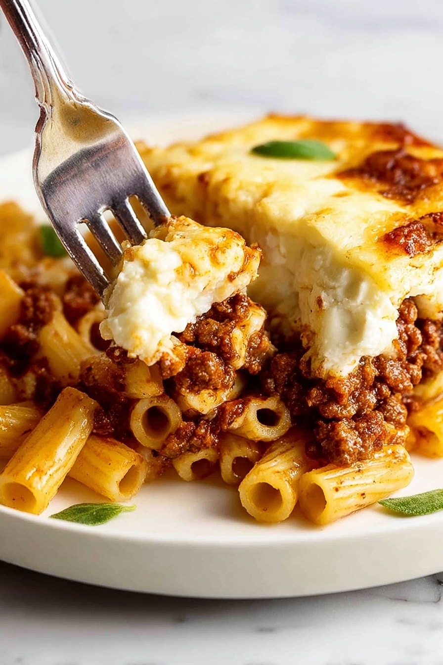 The dish shows a close-up of baked pasta in a white plate on a white marbled surface. It has three visible layers: the bottom layer is small tube pasta in light yellow color, the middle layer is ground meat sauce in dark brown with a slightly chunky texture, and the top layer is melted white cheese with a smooth and shiny surface. A knife and a fork held by a woman's hand are cutting into the dish from the top, lifting a portion that reveals the layers clearly. There are small green leaves for garnish around the edges. Photo taken with an iphone --ar 2:3 --v 7 - Greek Pastitso Pasta Bake, Greek pasta casserole, Greek baked pasta, Mediterranean pasta dish, hearty Greek comfort food