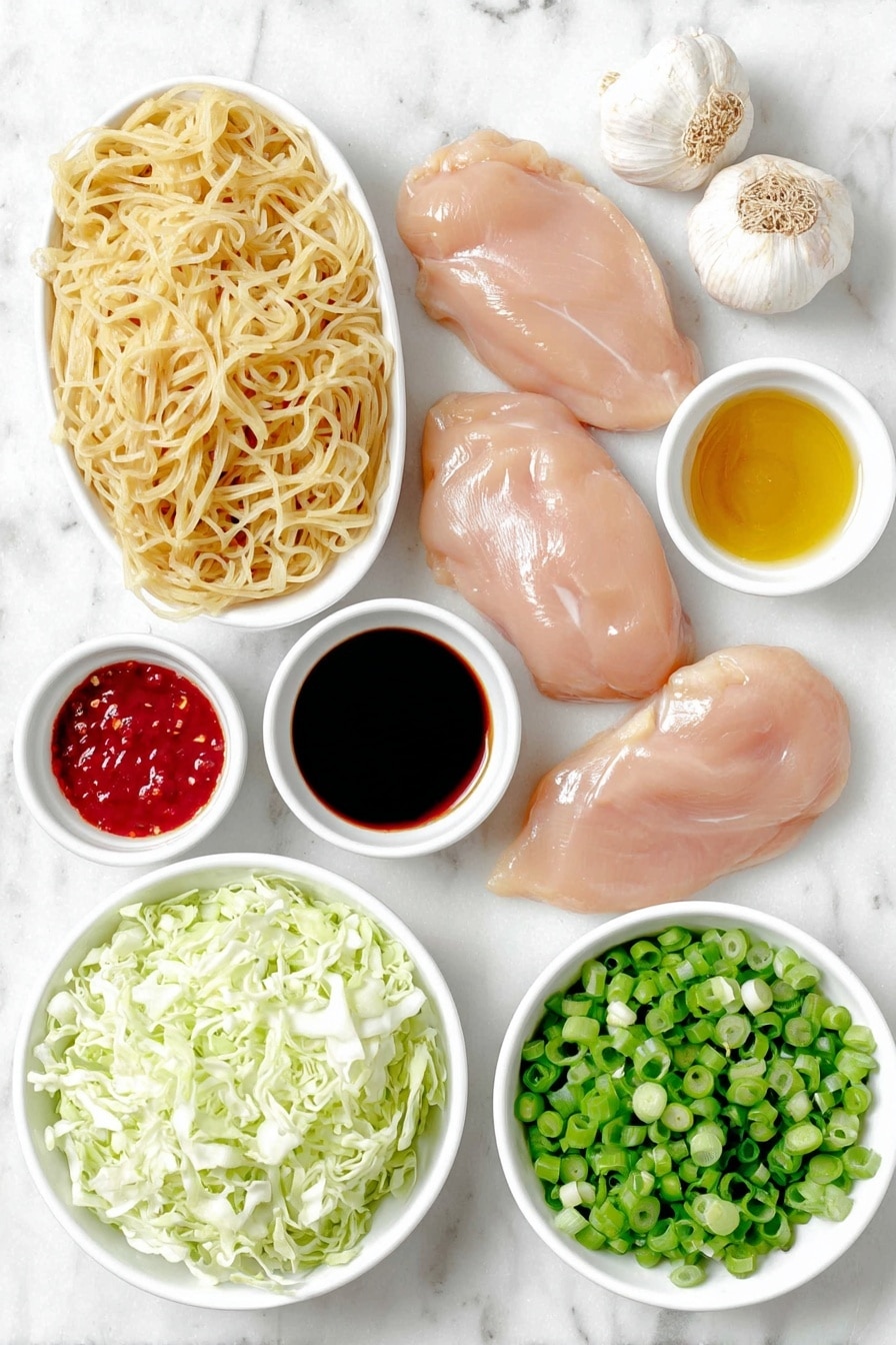 Flat lay of fresh raw chicken breasts neatly arranged, a bundle of uncooked linguine pasta, two whole uncracked brown garlic bulbs with some cloves peeled, a small white ceramic bowl of creamy peanut butter, a small white bowl filled with deep red wine vinegar, a small white bowl containing glossy amber sesame oil, a small white bowl of dark soy sauce, a small white bowl with bright red hot chili oil, a small white bowl with golden honey, a small white bowl with light pale vegetable oil, a small white bowl of clear water, a small white ceramic bowl heaped with shredded fresh red cabbage, and a small pile of thinly sliced bright green scallions, all ingredients displayed with perfect symmetry and natural freshness, placed on a clean white marble surface, soft natural light, photo taken with an iPhone, professional food photography style, fresh ingredients, white ceramic bowls, no bottles, no duplicates, no utensils, no packaging --ar 2:3 --v 7 --p m7354615311229779997 - Thai Peanut Chicken Noodles, Thai chicken noodle recipe, peanut sauce noodles, quick Thai chicken dinner, easy Asian noodle recipe