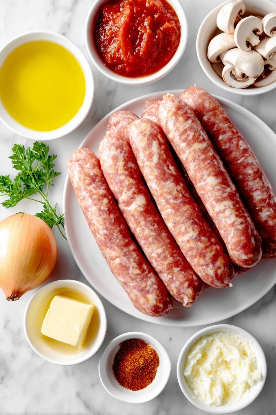 Flat lay of eight thick raw pork sausages arranged neatly, a small white ceramic bowl of golden olive oil, a pat of pale yellow butter on a simple white plate, one whole peeled onion with smooth dry skin, two whole garlic cloves with their papery skins intact, a small white ceramic bowl filled with sliced fresh chestnut mushrooms, a small white bowl holding vibrant red tomato puree, a small white bowl with smooth pale yellow Dijon mustard, a small white bowl containing rich reddish-brown smoked paprika powder, a small white bowl of clear golden chicken stock, a small white bowl of creamy white creme fraiche, and a few sprigs of bright green chopped parsley scattered artfully on a white ceramic plate, all placed on a clean white marble surface, soft natural light, photo taken with an iPhone, professional food photography style, fresh ingredients, white ceramic bowls, no bottles, no duplicates, no utensils, no packaging --ar 2:3 --v 7 --p m7354615311229779997 - Creamy Sausage Stroganoff, hearty sausage stroganoff, easy sausage dinner, quick comfort food, flavorful sausage recipes
