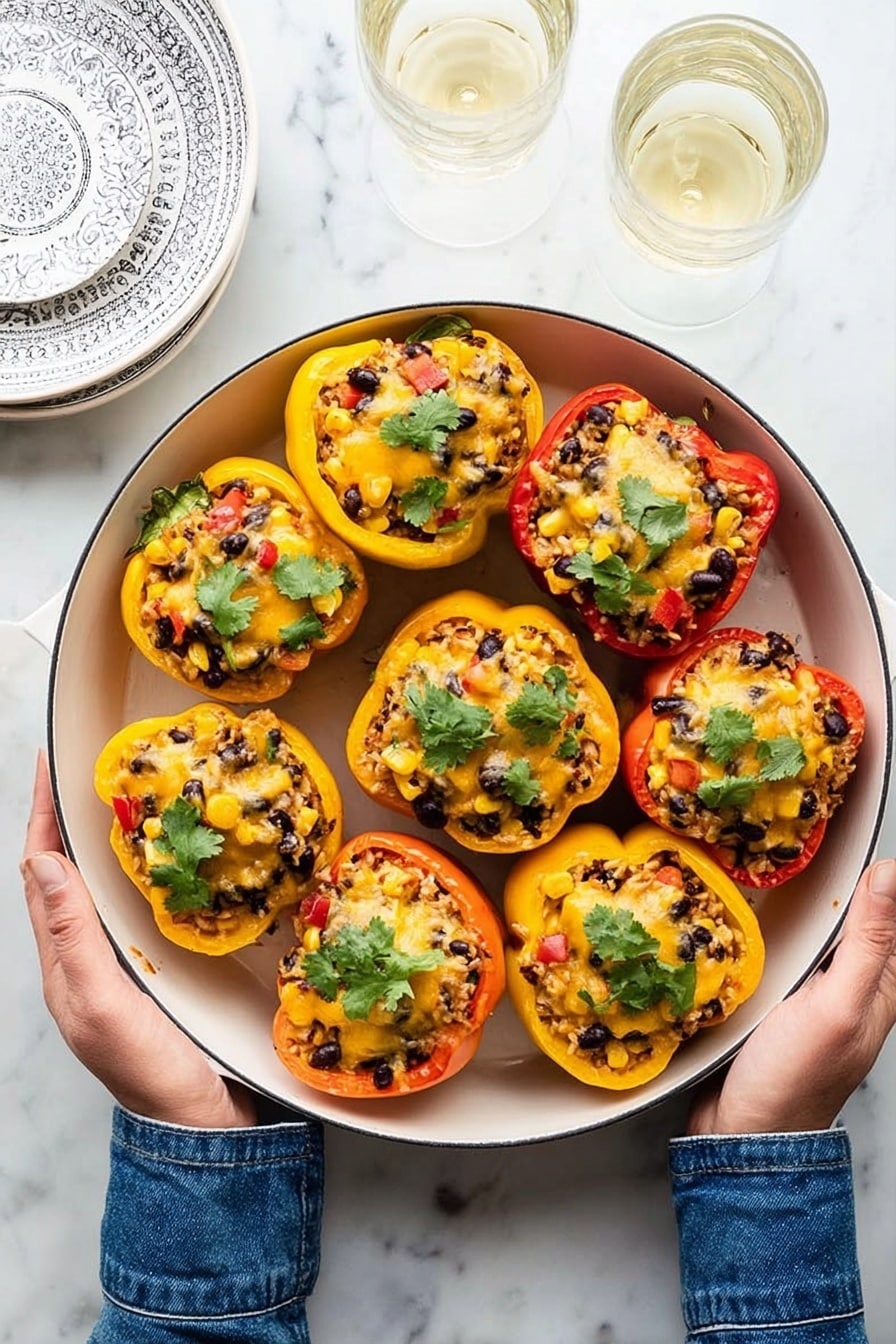 A white round pan is filled with nine stuffed bell pepper halves arranged in three rows, featuring vibrant yellow, orange, and red colors. Each pepper is filled with a mixture of brown rice or quinoa, black beans, corn, small pieces of red and yellow bell pepper, topped with melted yellow cheese and fresh green cilantro leaves. The peppers have a slightly shiny baked texture on top, showing a mix of soft melted cheese and cooked filling. Two woman’s hands hold the pan handles on each side, with one wearing a blue denim long-sleeve shirt. The background surface is white marble, with white patterned plates and two glasses of white wine nearby. photo taken with an iphone --ar 2:3 --v 7 - Mexican Stuffed Peppers with Ground Beef, Stuffed Pepper Recipes, Mexican Stuffed Peppers, Ground Beef Stuffed Peppers, Easy Mexican Dinner