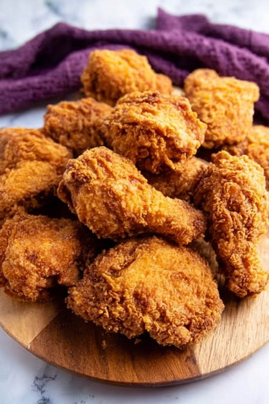 A wooden board holds a pile of golden brown fried chicken pieces, each with a crispy, rough texture. The pieces vary in size and shape, layered closely together, showing crunchy, well-fried coating. The background is a white marbled surface with a purple cloth partially visible in the upper part of the image. The lighting highlights the crunch and color of the chicken, making it look hot and fresh. photo taken with an iphone --ar 2:3 --v 7 - Crispy Southern Fried Chicken, Southern fried chicken, crispy fried chicken recipe, juicy fried chicken, Southern comfort food
