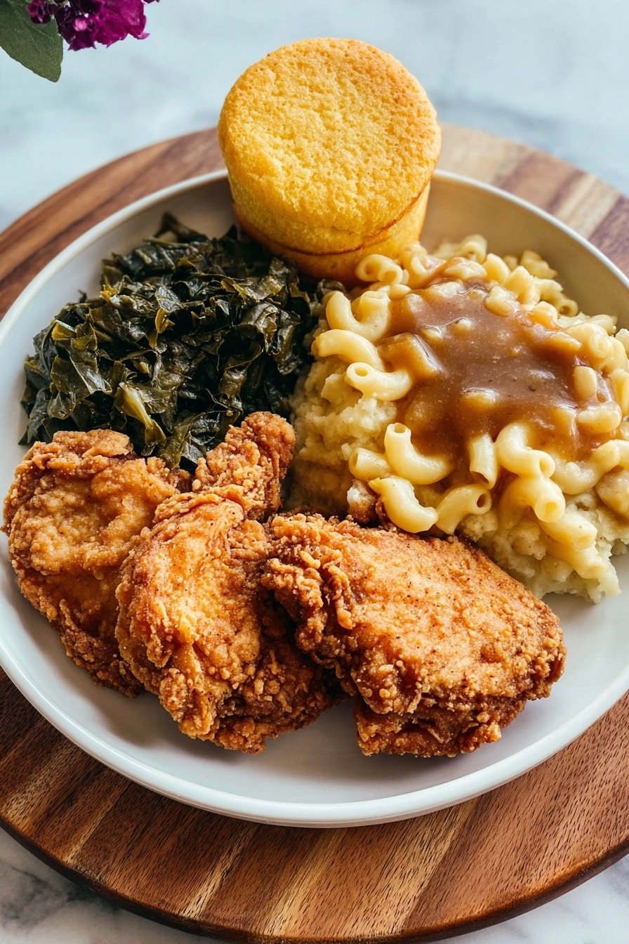 A round white plate holds a full meal with five main parts arranged in a circle. At the front are two pieces of fried chicken with a crispy golden brown crust and rough texture. To the left, dark green cooked leafy vegetables sit compactly. In the middle, creamy macaroni and cheese with soft, curly pasta coated in melted cheese is placed next to the greens. At the top, a round, golden yellow cornbread muffin with a slightly cracked top sits upright, leaning a little backward. To the right, mashed potatoes topped with thick brown gravy form a soft, lumpy pile. The plate is set on a round wooden board, with a white marbled surface around it. photo taken with an iphone --ar 2:3 --v 7 - Crispy Southern Fried Chicken, Southern fried chicken, crispy fried chicken recipe, juicy fried chicken, Southern comfort food