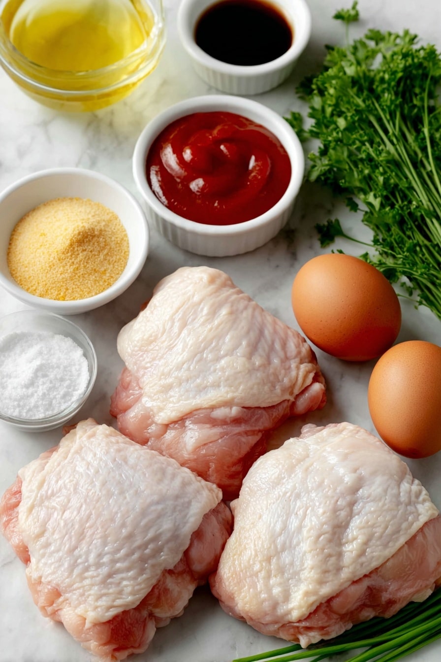 Flat lay of fresh bone-in chicken thighs with skin on, two brown eggs (whole and uncracked), a small white ceramic bowl of bright red ketchup, a small white bowl of clear apple cider vinegar, a small white bowl of dark Worcestershire sauce, a small white bowl filled with golden brown sugar, a small white bowl of pale yellow mustard powder, a small white bowl with finely ground onion powder, a small white bowl of coarse sea salt, a small white bowl with cracked black pepper, a small white bowl of clear water, and a small bunch of fresh green parsley and chives arranged neatly, all placed on a clean white marble surface, soft natural light, photo taken with an iPhone, professional food photography style, fresh ingredients, white ceramic bowls, no bottles, no duplicates, no utensils, no packaging --ar 2:3 --v 7 --p m7354615311229779997 - Oven Baked BBQ Chicken, Homemade BBQ Sauce, Easy BBQ Chicken Recipe, Juicy baked chicken, Smoked flavor oven baked chicken