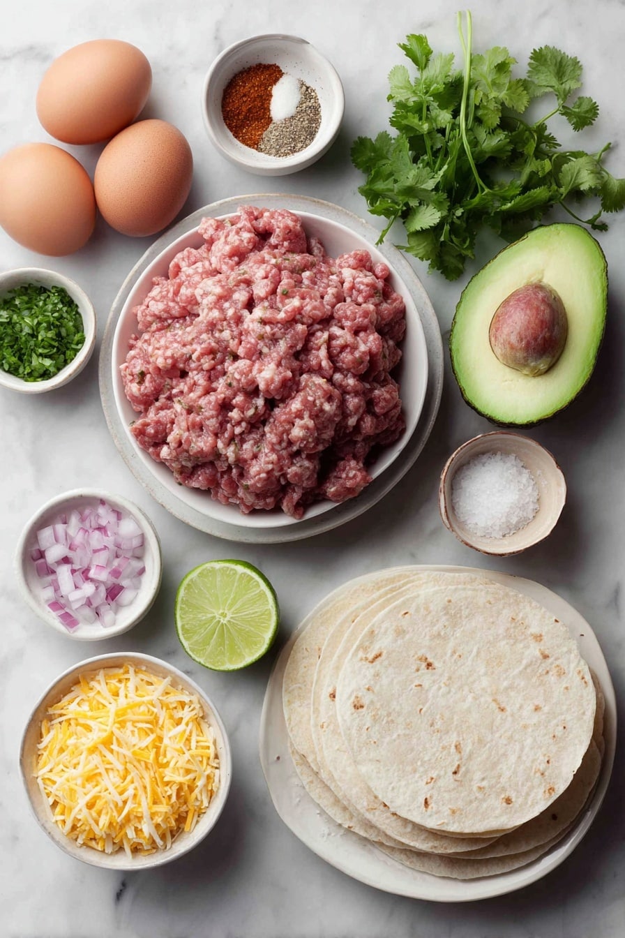 Flat lay of seasoned raw ground beef in a small white ceramic bowl, a small white bowl of ground cumin powder, a small white bowl of smoked paprika, a small white bowl of garlic powder, a small white bowl of chili powder, two uncracked brown eggs, a small white bowl of salt, a small white bowl of freshly cracked black pepper, a small white bowl with quartered cherry tomatoes, half of a sweet onion diced on a simple white plate, a small pile of chopped cilantro leaves on a white dish, half a lime cut and placed on a white plate, a whole ripe avocado sliced open showing its pit, a neat stack of warm corn tortillas on a white ceramic plate, a small mound of sharp white cheddar cheese freshly grated on a white plate, a small serving of quick pickled onions in a white bowl, fresh cilantro sprigs arranged artfully on white ceramic, all ingredients fresh and natural, arranged symmetrically and in balanced proportion, placed on a clean white marble surface, soft natural light, photo taken with an iPhone, professional food photography style, fresh ingredients, white ceramic bowls, no bottles, no duplicates, no utensils, no packaging --ar 2:3 --v 7 --p m7354615311229779997 - Easy Ground Beef Tacos, ground beef tacos, quick taco dinner, homemade taco filling, best beef taco recipe