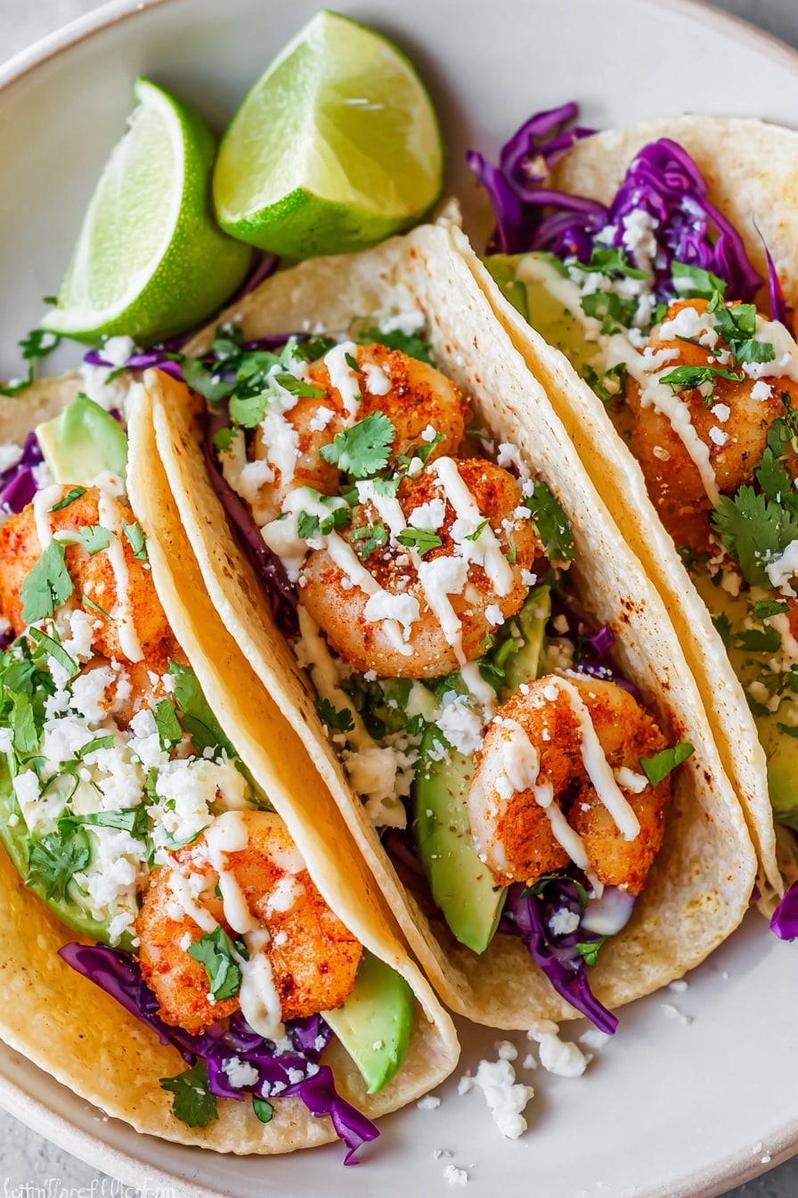 Three soft, slightly toasted corn tortillas stand next to each other on a white plate with a white marbled background. Each tortilla is folded and filled with bright orange shrimp, followed by fresh green avocado slices and purple cabbage shreds at the bottom for a crunchy texture. On top, a sprinkling of white crumbly cheese adds a light texture, while thin streaks of creamy white sauce are drizzled over the shrimp. Small green cilantro leaves are scattered around and inside for a fresh touch, and two lime wedges with a light green color sit behind the tacos, adding a fresh twist. photo taken with an iphone --ar 2:3 --v 7 - Shrimp Tacos with Creamy Lime Sauce, shrimp taco recipe, easy shrimp tacos, fish taco ideas, quick weeknight dinner
