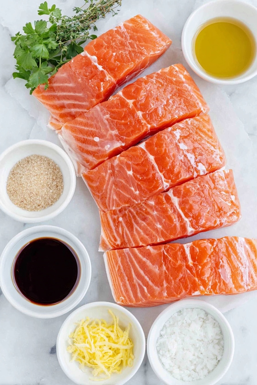 Flat lay of six fresh raw salmon fillets with vibrant orange-pink flesh and silver skin edges, a small white bowl filled with golden olive oil, a small white bowl holding coarse light brown sugar crystals, a small white bowl containing dark amber soy sauce, a small white bowl with bright yellow lemon zest strands, a small white bowl of pale creamy Dijon mustard, a small white bowl with fresh bright green parsley leaves, a small white bowl with fresh green thyme leaves, a small white bowl of white salt crystals, a small white bowl with freshly ground black pepper, a small white bowl with minced fresh garlic placed on a clean white marble surface, soft natural light, photo taken with an iPhone, professional food photography style, fresh ingredients, white ceramic bowls, no bottles, no duplicates, no utensils, no packaging --ar 2:3 --v 7 --p m7354615311229779997 - Grilled Salmon with Delicious Marinade, tasty grilled salmon marinade, easy salmon marinade recipe, flavorful seafood dinner, healthy grilled salmon