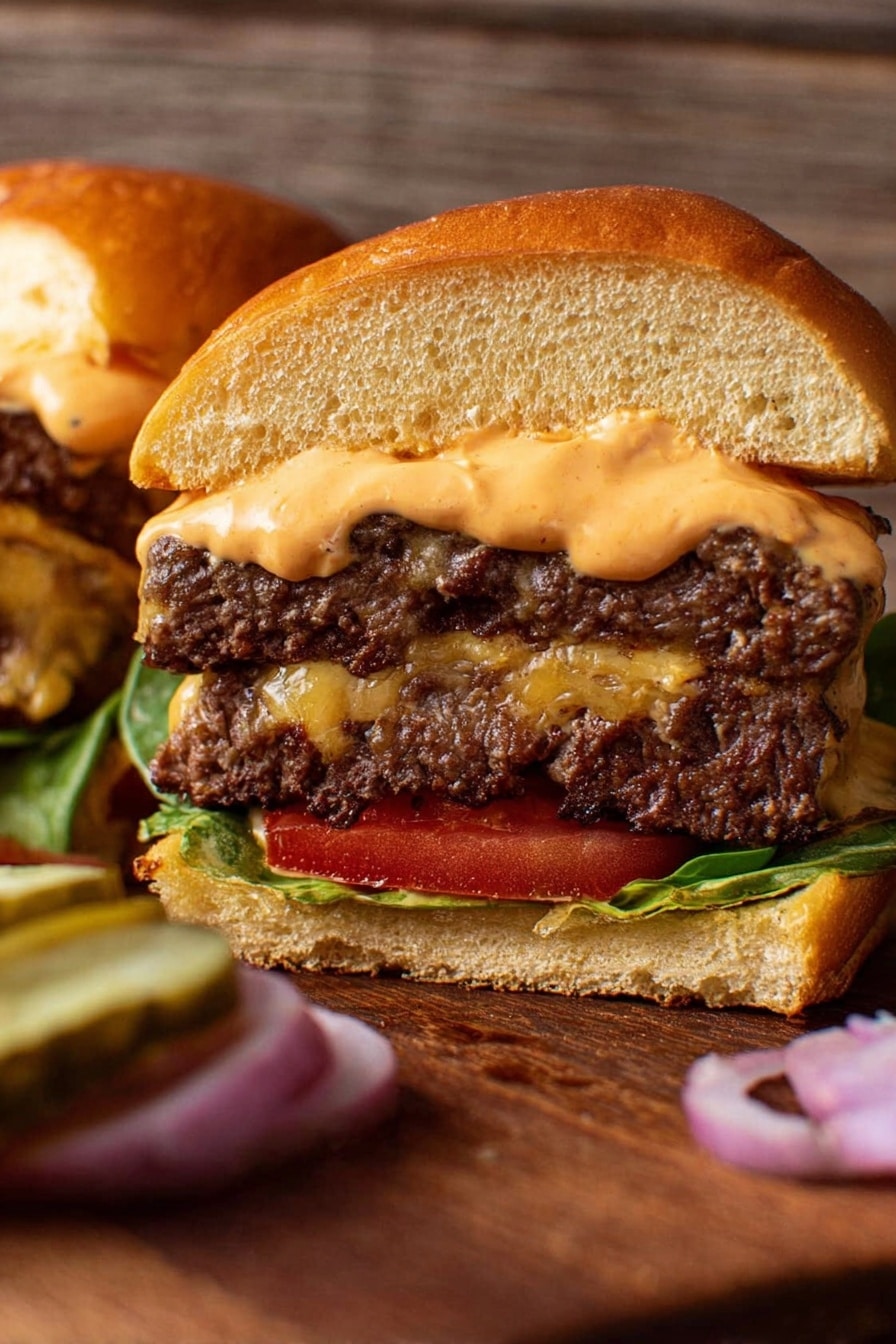 A close-up photo of a burger cut in half showing three layers: the top layer is a soft golden-brown bun with a thick spread of creamy orange sauce that looks smooth and rich; below it are two thick, brown beef patties stacked with a small slice of melted cheese between them; under the patties is a bright red tomato slice resting on a green leaf, placed on the bottom soft golden-brown bun. The burger is set on a wooden board with a few pickle slices and some red onion rings blurred in the foreground. The background shows a wooden surface. Photo taken with an iphone --ar 2:3 --v 7 - Ultimate Cheeseburger, cheeseburger recipe, homemade cheeseburger, diner-style burger, juicy cheeseburger