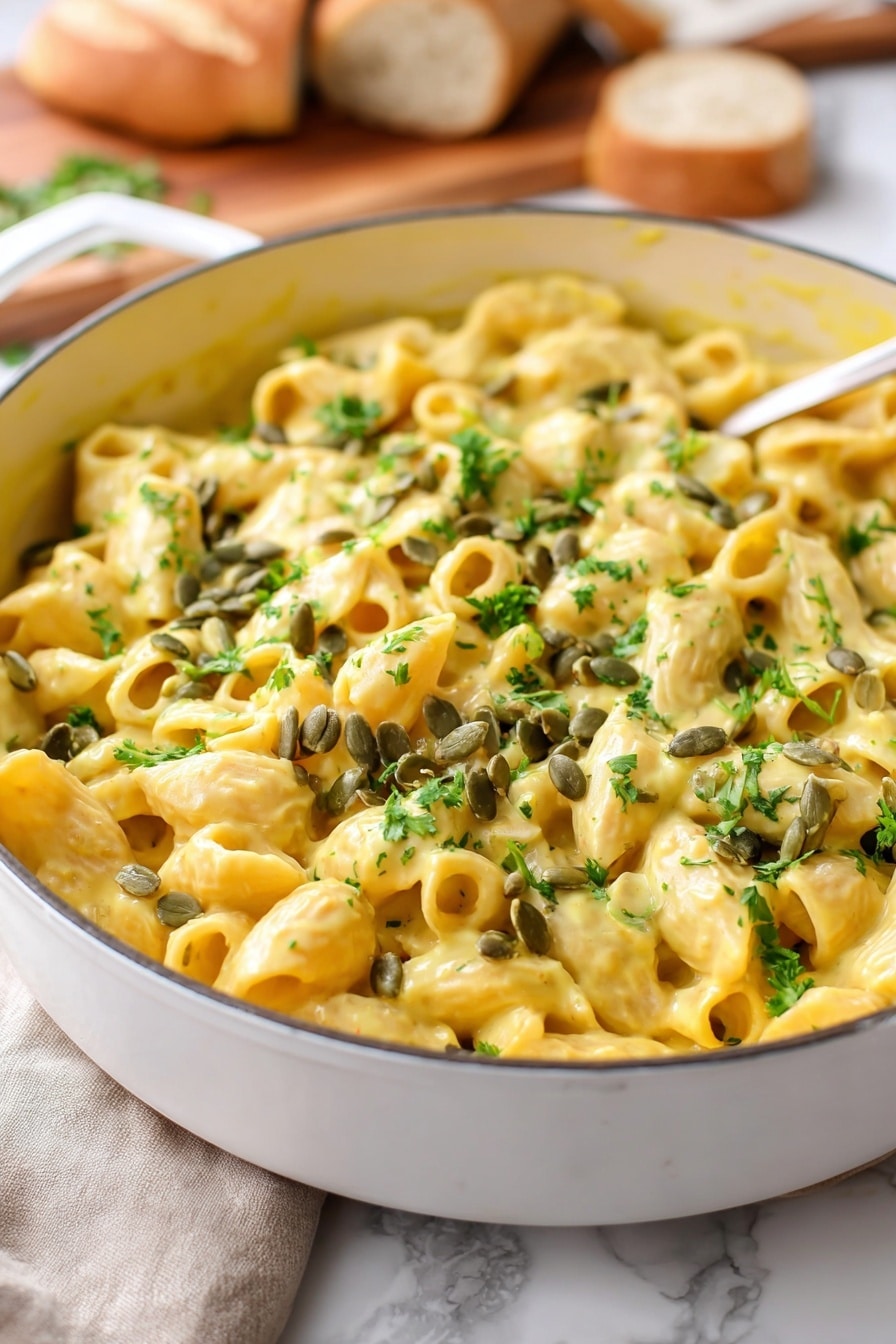 The image shows a white pan filled with creamy macaroni pasta coated in a pale yellow sauce. The pasta is topped with green pumpkin seeds and finely chopped fresh parsley, adding small splashes of green color. The pan is set on a white marbled surface with a beige cloth nearby, and there is blurred bread on a wooden board in the background. photo taken with an iphone --ar 2:3 --v 7 - Creamy Pumpkin Pasta with Sage, pumpkin pasta recipe, easy pumpkin pasta, fall pasta dish, comforting pumpkin pasta