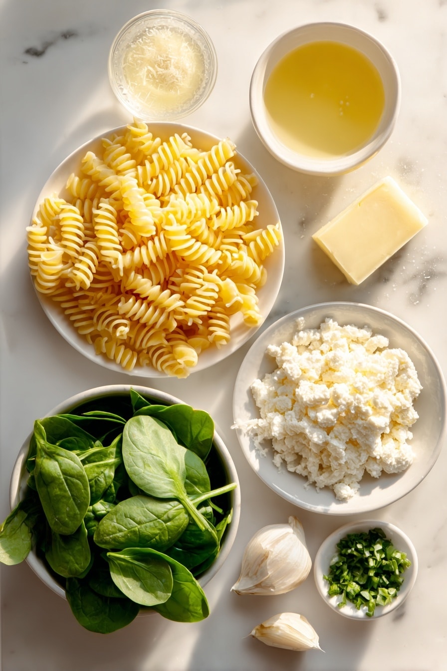 Flat lay of dry uncooked farfalle pasta arranged in a neat pile, a small mound of crumbled creamy goat cheese, a small white bowl filled with freshly grated pale yellow parmesan cheese, a small white bowl with clear fresh lemon juice, a pat of golden butter on a simple white ceramic plate, a single peeled garlic clove finely minced shown in a small white bowl, a packed bunch of vibrant fresh baby spinach leaves, and a small handful of bright green chopped fresh basil leaves in a white ceramic bowl, all placed on a clean white marble surface, soft natural light, photo taken with an iPhone, professional food photography style, fresh ingredients, white ceramic bowls, no bottles, no duplicates, no utensils, no packaging --ar 2:3 --v 7 --p m7354615311229779997 - Creamy Spinach Goat Cheese Pasta, best spinach goat cheese pasta, quick creamy pasta with goat cheese, easy spinach and goat cheese pasta, healthy goat cheese pasta