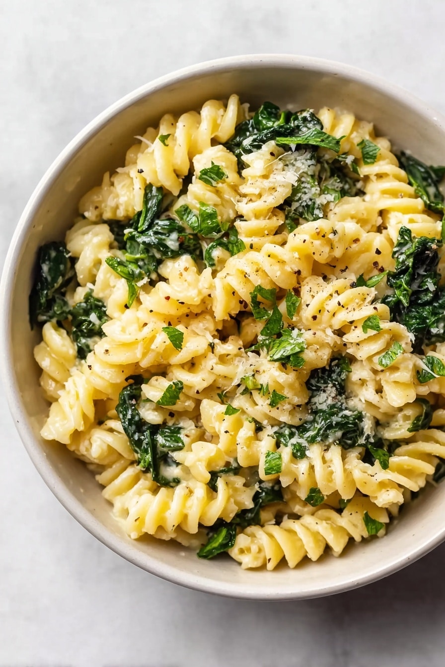 A white bowl filled with creamy spiral pasta mixed with dark green leafy spinach. The spirals are light yellow and soft-looking, coated evenly with a pale, creamy sauce. Small green herb pieces and a sprinkle of grated white cheese are scattered on top, with tiny black pepper flakes adding texture. The bowl sits on a white marbled surface, and the photo captures the fresh and simple look of the dish. photo taken with an iphone --ar 2:3 --v 7 - Creamy Spinach Goat Cheese Pasta, best spinach goat cheese pasta, quick creamy pasta with goat cheese, easy spinach and goat cheese pasta, healthy goat cheese pasta
