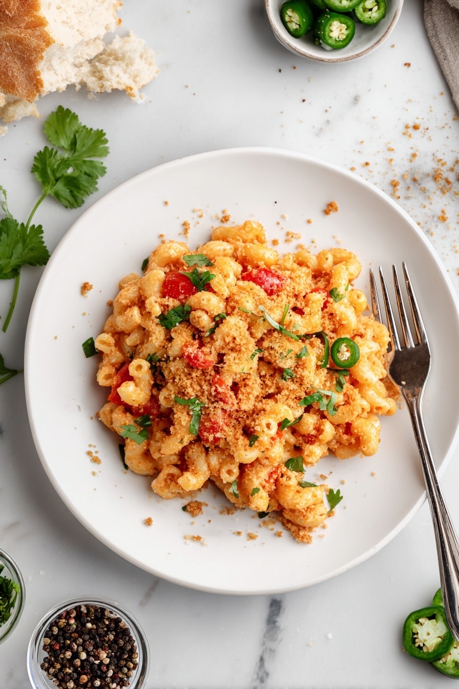 A white round plate holds a dish with three main layers: the bottom layer is creamy orange pasta spirals mixed evenly with small chunks of red tomatoes and pieces of green jalapeño slices, the middle layer is a light brown crumbly topping sprinkled all over, and the top layer has a few green cilantro leaves scattered around for color. A silver fork is placed on the right side of the plate, digging slightly into the pasta. The plate sits on a white marbled surface with some loose black pepper, a piece of torn bread at the top left, and small bowls containing black pepper, jalapeño slices, and green leaves scattered around. photo taken with an iphone --ar 2:3 --v 7 - Chorizo Mac and Cheese, spicy chorizo mac and cheese, creamy chorizo pasta, Tex-Mex mac and cheese, smoky cheddar macaroni