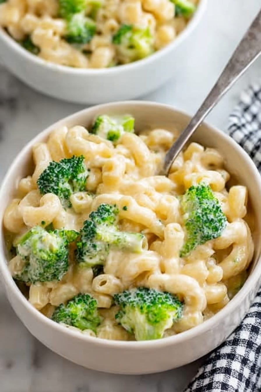 A close-up image shows a white bowl filled with macaroni pasta mixed with bright green broccoli pieces. The macaroni is covered in creamy, light-colored cheese sauce, giving it a smooth texture with some gloss. A metal spoon is partially inside the bowl, holding some pasta and broccoli. In the background, part of another white bowl with the same dish is visible. The bowls are placed on a white marbled surface with a checkered cloth nearby. Photo taken with an iphone --ar 2:3 --v 7 - Broccoli Mac and Cheese, Healthy Broccoli Mac and Cheese, Easy Mac and Cheese with Broccoli, Cheesy Broccoli Pasta, Quick Broccoli Pasta