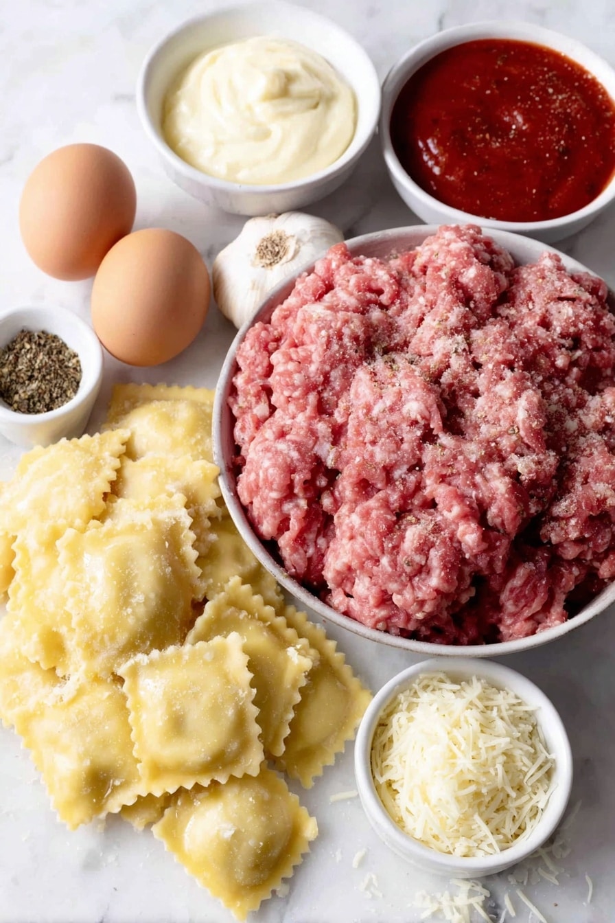Flat lay of raw ground beef shaped loosely in a pile, a small diced yellow onion in a neat heap, three whole uncracked garlic cloves, a mound of uncooked square ravioli pasta with ruffled edges, a small white ceramic bowl filled with bright red marinara sauce, another small white bowl containing creamy half and half, a small white bowl with finely shredded mozzarella cheese, a tiny white bowl holding reddish-brown Worcestershire sauce, a tiny white bowl with deep orange hot sauce, a small white bowl containing mixed dried herbs powder (basil, oregano, onion powder, mustard powder) finely ground, and two whole brown eggs with clean shells arranged for seasoning with salt and black peppercorns beside them — all ingredients fresh and natural, perfectly balanced and symmetrical on a clean white marble surface, soft natural light, photo taken with an iPhone, professional food photography style, fresh ingredients, white ceramic bowls, no bottles, no duplicates, no utensils, no packaging --ar 2:3 --v 7 --p m7354615311229779997 - Baked Ravioli with Meat and Mozzarella, cheesy baked ravioli, meat-filled baked pasta, easy ravioli casserole, family-friendly baked ravioli