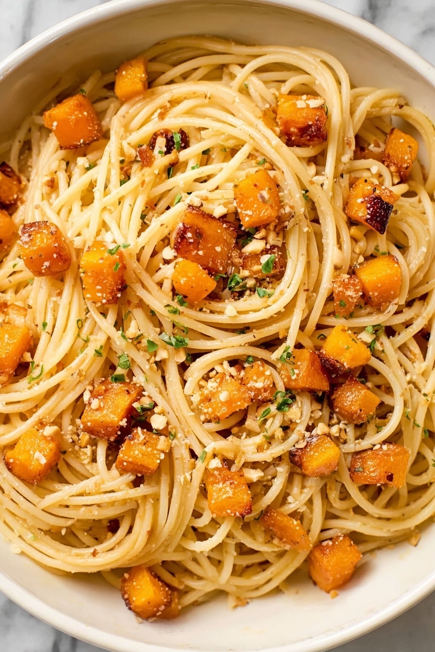 A white bowl filled with long cooked spaghetti noodles twisted loosely in a circle, mixed with cubed roasted orange butternut squash pieces scattered throughout. On top, there is a dollop of soft white ricotta cheese sprinkled lightly with black pepper. Small green sage leaves and some crumbled light-colored nuts are spread over the dish for texture. Two silver forks rest inside the bowl on one side. The bowl sits on a white marbled surface. Photo taken with an iphone --ar 2:3 --v 7 - Butternut Squash Pasta with Sage, butternut squash pasta, fall pasta recipes, sage pasta dishes, cozy fall dinner ideas
