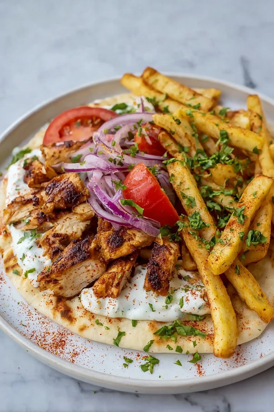 The dish shows a white plate with a flatbread base topped with white creamy sauce, sprinkled with red seasoning. On top of the sauce are sliced red tomatoes and thin purple onion slices. Above these are several pieces of grilled chicken with a brown crispy outside. On one side of the plate near the chicken are thick golden brown fries sprinkled with green chopped herbs. More green chopped herbs are scattered over the chicken and fries. The plate sits on a white marbled surface. photo taken with an iphone --ar 2:3 --v 7 - Chicken Shawarma Wraps with Garlic Yoghurt Sauce, shawarma wraps, homemade chicken shawarma, garlic yoghurt sauce recipe, quick dinner ideas