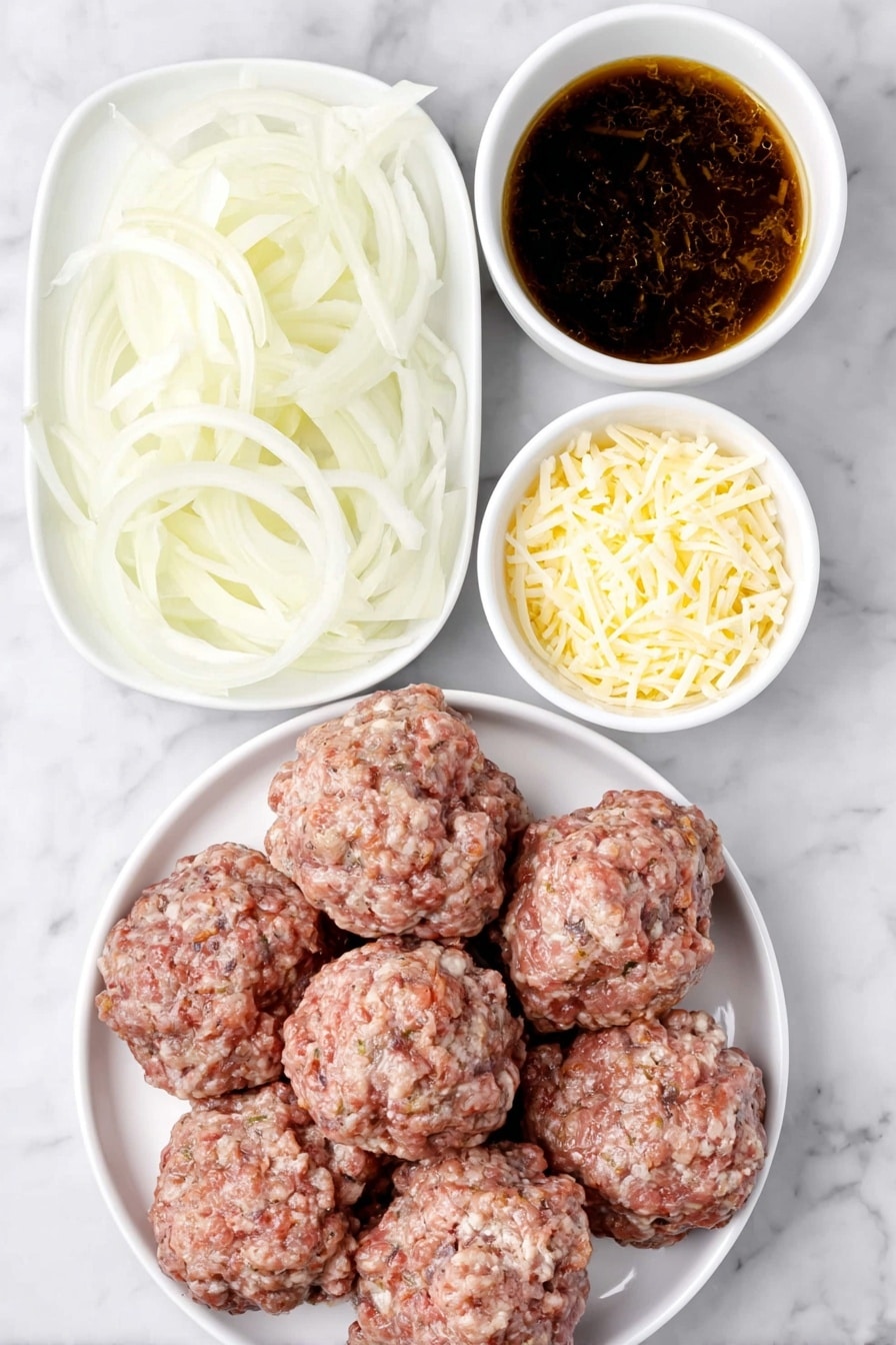 Flat lay of a large peeled yellow onion thinly sliced arranged neatly, a pile of fresh frozen beef meatballs still looking uncooked with natural texture, a small white ceramic bowl filled with rich, dark golden French onion soup, and a small mound of freshly shredded pale yellow gruyere cheese, all placed on simple white ceramic bowls or plates, perfectly balanced and symmetrical, placed on a clean white marble surface, soft natural light, photo taken with an iPhone, professional food photography style, fresh ingredients, white ceramic bowls, no bottles, no duplicates, no utensils, no packaging --ar 2:3 --v 7 --p m7354615311229779997 - Slow Cooker French Onion Meatballs, French Onion Soup Meatballs, Easy Slow Cooker Appetizer, Cheesy Meatball Recipe, Comfort Food Dinner
