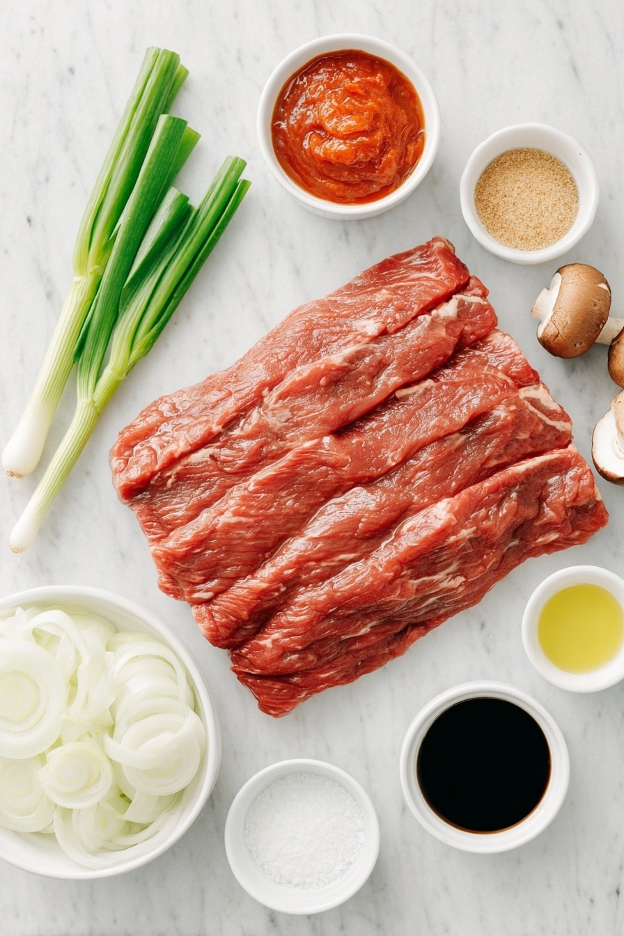 Flat lay of a fresh raw flank steak with rich marbling, a small white ceramic bowl of bright red gochujang paste, a few thinly sliced green onion stalks arranged neatly, a small white bowl of dark soy sauce, a small white bowl of clear rice vinegar, a small white bowl filled with finely minced garlic, a small white bowl of light brown ground ginger powder, a small white bowl of golden sesame oil, a small white bowl of granulated white sugar, two unopened packs of uncooked beef ramen noodles with seasoning packets visible inside clear wrappers, half a fresh white onion thinly sliced, and a handful of freshly sliced brown mushrooms, all placed on a clean white marble surface, soft natural light, photo taken with an iPhone, professional food photography style, fresh ingredients, white ceramic bowls, no bottles, no duplicates, no utensils, no packaging --ar 2:3 --v 7 --p m7354615311229779997 - Spicy Korean Beef Noodles, Korean Beef Noodles recipe, spicy noodle bowl, Korean beef stir-fry, quick Korean dinner