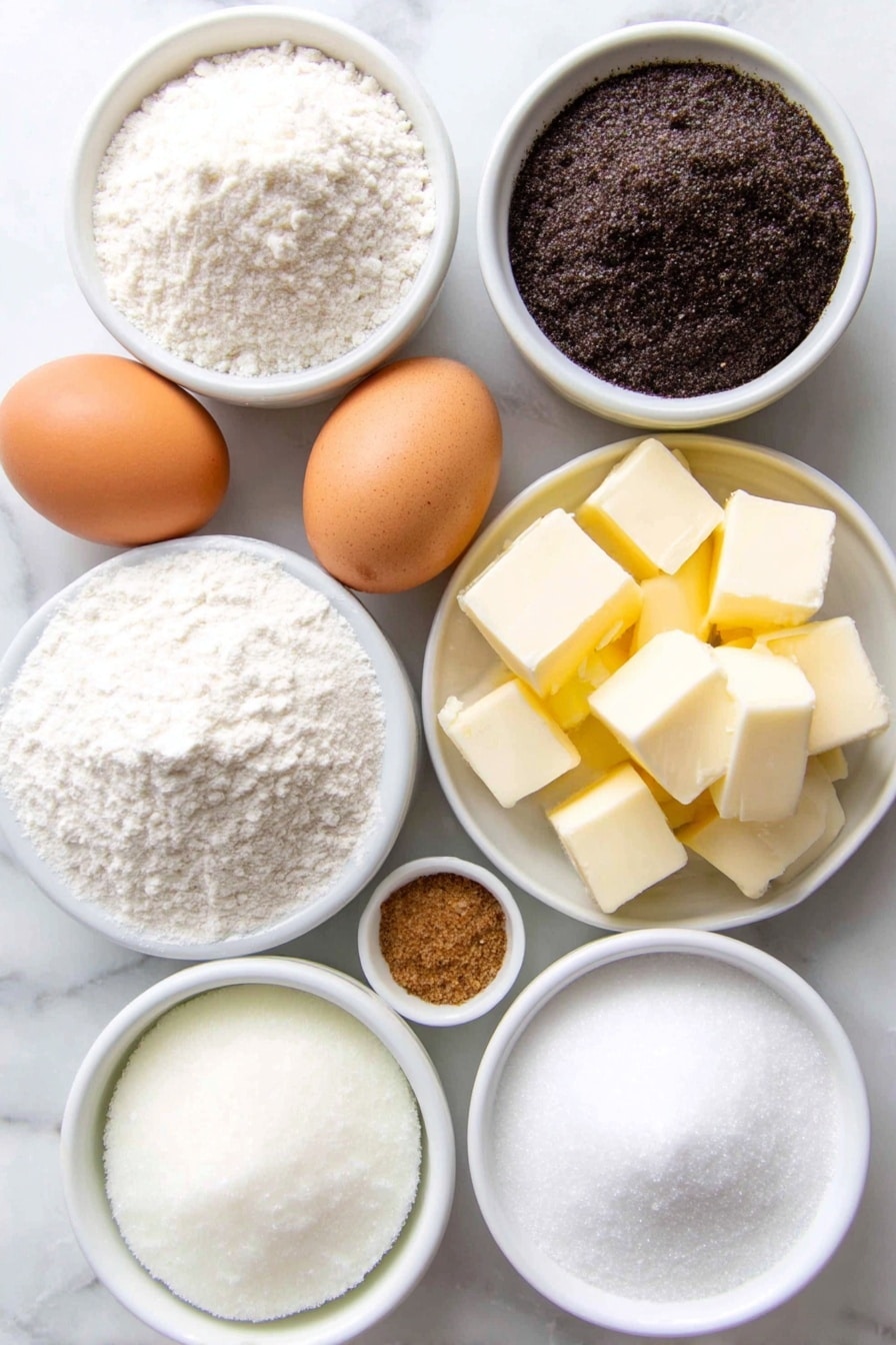 Flat lay of a small white ceramic bowl of gluten free flour, a small white ceramic bowl of dark brown sugar, a small white ceramic bowl of powdered sugar, two whole brown eggs with clean shells, a few small chunks of unsalted butter, a small white ceramic bowl of coconut oil solid pieces, a small white ceramic bowl of maple syrup, a small white ceramic bowl of vanilla extract, a small white ceramic bowl of ground cinnamon powder, a small white ceramic bowl of kosher salt, and a small white ceramic bowl of almond milk placed on a clean white marble surface, soft natural light, photo taken with an iPhone, professional food photography style, fresh ingredients, white ceramic bowls, no bottles, no duplicates, no utensils, no packaging --ar 2:3 --v 7 --p m7354615311229779997 - Brown Sugar Cookie Pop-Tarts, Easy homemade Pop-Tarts, Cinnamon-filled cookie pastries, Baking comfort food, Unique breakfast treats