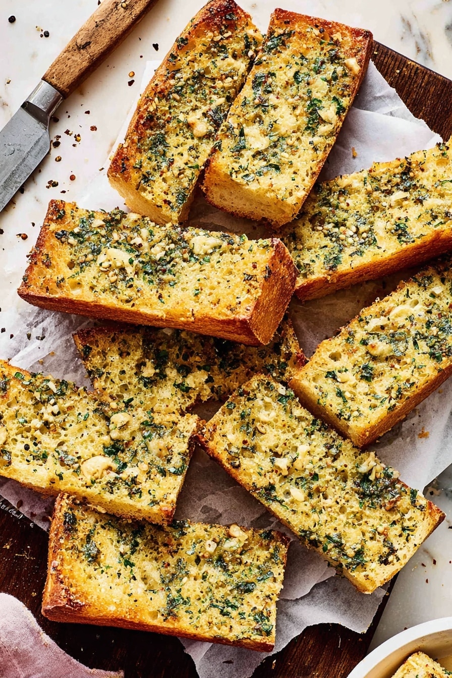 The image shows several pieces of garlic bread arranged closely on a white parchment paper over a dark wooden board. Each piece is thick with a crusty golden brown edge and a soft inside. The top layer is a textured mix of melted butter, finely chopped green herbs, and small bits of garlic spread evenly, giving a slightly browned and crispy look with some dark green specks. The bread slices are rectangular, except for one piece that is cut in a half-circle shape. A large knife with a wooden handle is placed diagonally near the top left corner of the board. The background is a white marbled surface with some scattered black pepper and crumbs around the bread. Photo taken with an iphone --ar 2:3 --v 7 - Garlic Parmesan Herb Bread, garlic bread recipe, herb bread, cheesy garlic bread, homemade bread with herbs