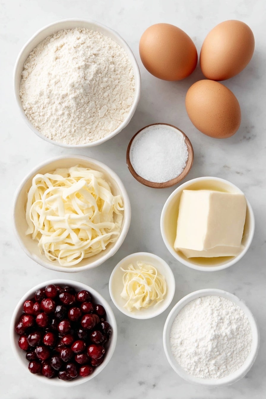 Flat lay of a small mound of all-purpose flour, a teaspoon of baking powder in a small white bowl, a small white bowl with fine salt, a small white bowl filled with milk, bright fresh orange zest curls, a small white bowl with freshly squeezed orange juice, a pat of softened unsalted butter, a heap of granulated sugar, two large whole uncracked brown eggs, a cluster of plump fresh cranberries, a small white bowl of powdered sugar, all arranged symmetrically on a clean white marble surface, soft natural light, photo taken with an iPhone, professional food photography style, fresh ingredients, white ceramic bowls, no bottles, no duplicates, no utensils, no packaging --ar 2:3 --v 7 --p m7354615311229779997 - Cranberry Orange Bread, Cranberry Orange Bread with Glaze, Holiday Cranberry Bread, Quick Cranberry Bread, Moist Cranberry Bread
