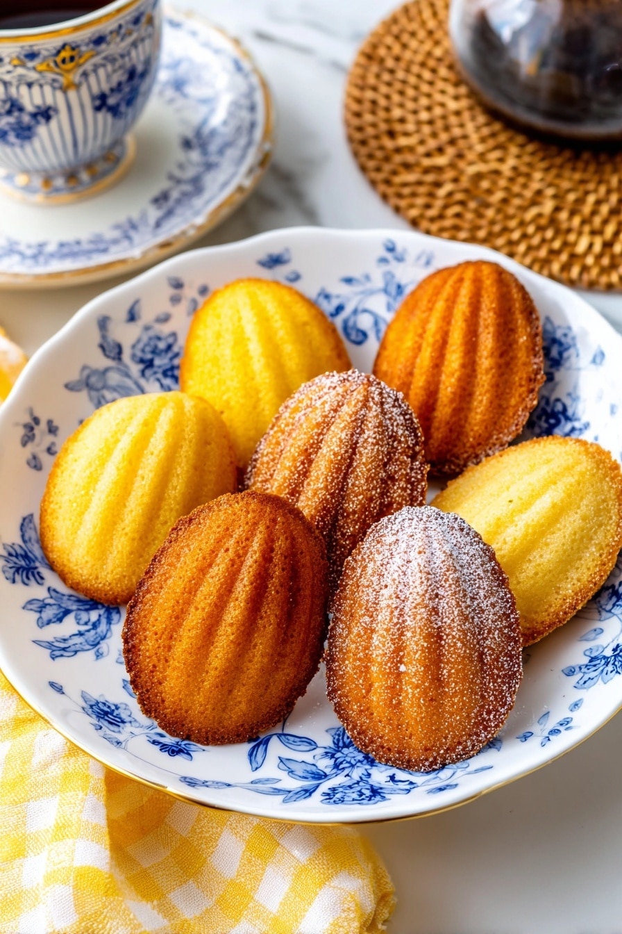 A white plate with blue floral patterns holds nine shell-shaped madeleine cakes arranged closely together in three rows. Five of the madeleines have a golden brown color with a slightly crispy texture and a light dusting of powdered sugar on top. The other four are lighter yellow with a soft and smooth surface. The plate is placed on a white marbled surface, next to a yellow and white checkered cloth. In the background, there is a woven coaster under a glass coffee pot and a part of a white plate with blue patterns is also visible. Photo taken with an iphone --ar 2:3 --v 7 - Lemon Madeleines, French Lemon Madeleines, Lemon Cake Bites, Citrusy Madeleines, Easy Lemon Pastry
