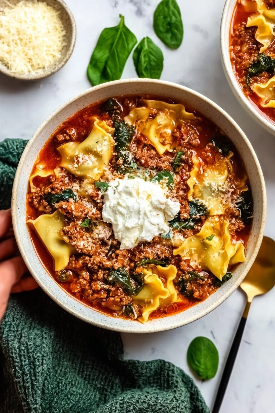 The image shows a round bowl filled with three main layers: the base layer is wide, flat, curly-edged lasagna noodles in a light tan color, partially submerged in red tomato sauce; the middle layer is a thick spread of cooked ground meat, dark brown and crumbly, mixed with bright green spinach leaves; the top layer features melted white cheese blobs scattered unevenly over the meat and sauce. Next to the bowl, on a white marbled surface, there is a small black bowl filled with finely grated pale yellow cheese, a sprig of fresh spinach nearby, and gold-colored fork and spoon resting on a textured cloth. The photo taken with an iphone --ar 2:3 --v 7 - One Pot Lasagna Soup with Spinach, Lasagna Soup, Easy Lasagna Soup Recipe, Healthy Lasagna Soup, One Pot Pasta Soups