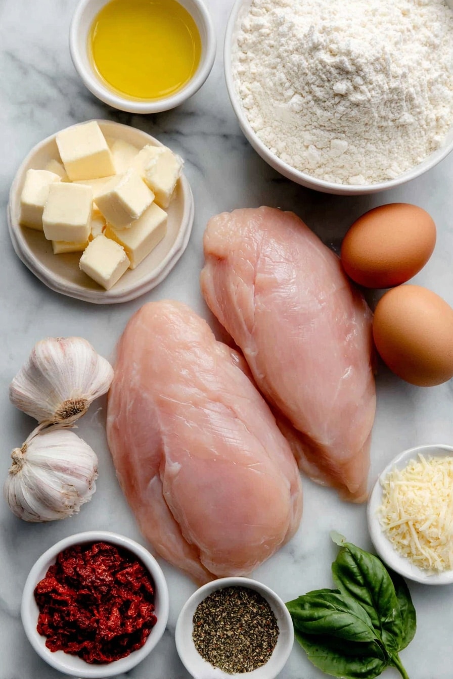 Flat lay of three large boneless skinless chicken breasts sliced lengthwise into thin cutlets, a small mound of all-purpose flour on a simple white ceramic plate, two whole brown eggs with clean shells, three fresh garlic cloves unpeeled, a small white bowl of golden olive oil, a small white bowl of unsalted butter chunks, a small white bowl of pale chicken stock, a small white bowl of heavy cream, a small white bowl filled with grated parmesan cheese, a small white bowl containing bright red chopped sundried tomatoes, a small white bowl of vibrant fresh basil leaves, sprinkled dried chili flakes, dried oregano and dried thyme arranged symmetrically on the white surface, all ingredients fresh and natural, no packaging or utensils, placed on a clean white marble surface, soft natural light, photo taken with an iPhone, professional food photography style, fresh ingredients, white ceramic bowls, no bottles, no duplicates, no utensils, no packaging --ar 2:3 --v 7 --p m7354615311229779997 - Creamy Marry Me Chicken, creamy chicken pasta, easy chicken dinner, comforting chicken recipe, rich creamy chicken sauce