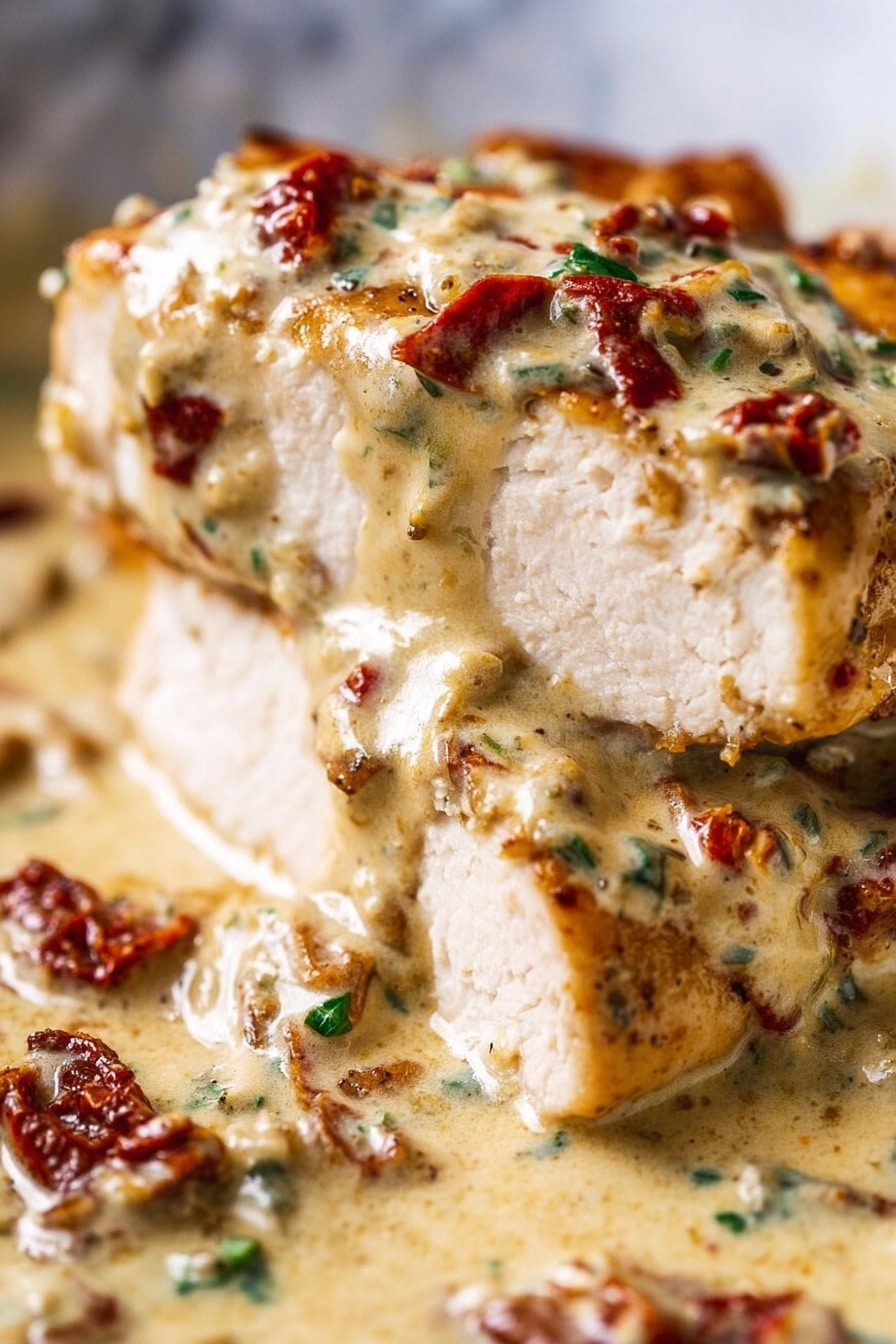 The image shows a close-up of several golden brown cooked chicken pieces covered in a creamy, pale yellow sauce with small chunks of red sun-dried tomatoes and finely chopped green herbs scattered on top. The chicken has a slightly crispy texture from browning and the sauce looks thick and rich, coating each piece evenly. The background is a white marbled texture. photo taken with an iphone --ar 2:3 --v 7 - Creamy Marry Me Chicken, creamy chicken pasta, easy chicken dinner, comforting chicken recipe, rich creamy chicken sauce