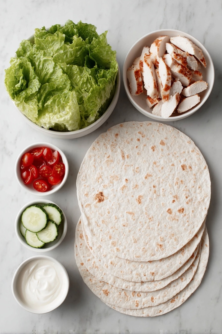 Flat lay of two large whole wheat tortillas, a few fresh green Bibb lettuce leaves, six bright red tomato slices arranged neatly, ten halved crisp English cucumber slices, a small white ceramic bowl with creamy light mayo, a small white ceramic bowl filled with glossy Thai sweet chili sauce, and a pile of warm grilled chicken breast strips, all placed on a clean white marble surface, soft natural light, photo taken with an iPhone, professional food photography style, fresh ingredients, white ceramic bowls, no bottles, no duplicates, no utensils, no packaging --ar 2:3 --v 7 --p m7354615311229779997 - Sweet Chili Chicken Wrap, chicken wrap recipes, Thai chili chicken wrap, healthy chicken wraps, quick lunch ideas