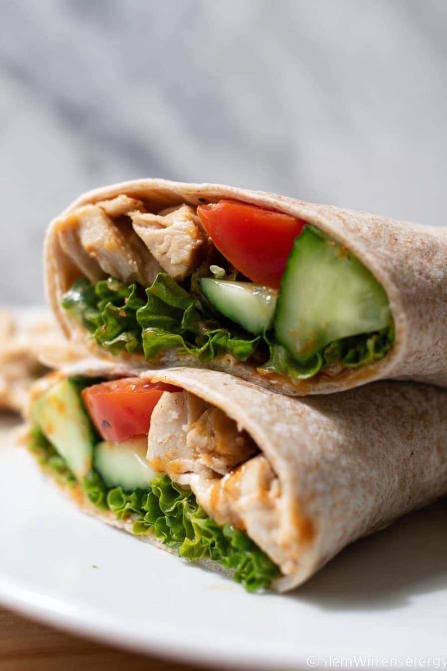 A close-up view of a wrap cut in half, showing three main layers inside a soft whole wheat tortilla. The bottom layer is leafy green lettuce with a curly texture, followed by bright red tomato slices and thick, uneven slices of fresh cucumber with dark green skin. The top layer shows cooked light brown pieces of chicken with some seasoning. The wrap is placed on a white plate on a white marbled surface. photo taken with an iphone --ar 2:3 --v 7 - Sweet Chili Chicken Wrap, chicken wrap recipes, Thai chili chicken wrap, healthy chicken wraps, quick lunch ideas