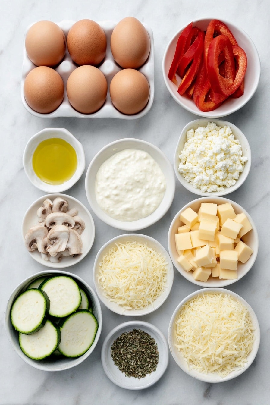 Flat lay of whole uncracked brown eggs arranged neatly, a small white ceramic bowl filled with fresh cream, a small white bowl of finely minced garlic cloves, sliced fresh mushrooms scattered naturally, a small white bowl containing crumbled feta cheese, a small white bowl with shredded cheddar cheese, vibrant orange cubes of raw pumpkin, thick round slices of green zucchini, bright red bell pepper slices, a small white bowl holding golden olive oil, and a small white ceramic bowl with a mix of dried herbs placed symmetrically, all ingredients fresh and natural, placed on a clean white marble surface, soft natural light, photo taken with an iPhone, professional food photography style, fresh ingredients, white ceramic bowls, no bottles, no duplicates, no utensils, no packaging --ar 2:3 --v 7 --p m7354615311229779997 - Baked Vegetable Frittata, healthy baked vegetable frittata, easy breakfast frittata, veggie brunch recipes, protein-packed egg dish