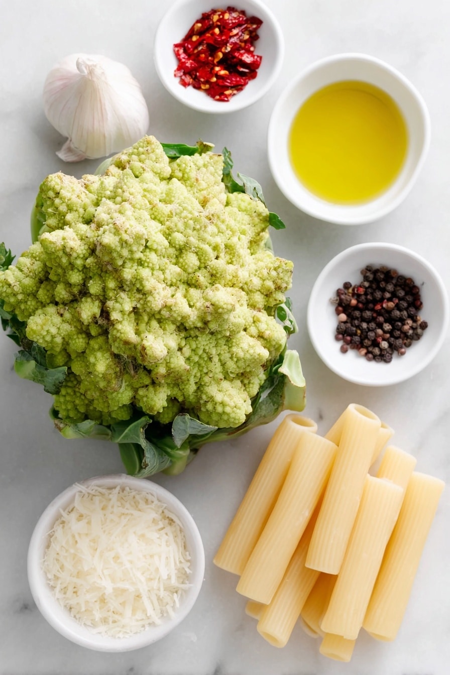 Flat lay of a medium head of fresh Romanesco broccoli with its intricate light green fractal florets, a small white ceramic bowl of golden extra virgin olive oil, one whole uncracked garlic clove with smooth white skin, a small white ceramic bowl containing bright red chili flakes, a single shiny anchovy fillet glistening on a small white ceramic dish, coarse sea salt crystals and whole black peppercorns elegantly arranged in a small white ceramic dish, uncooked pale yellow maccheroni pasta tubes neatly aligned on a simple white ceramic plate, and a small white ceramic bowl filled with finely grated pale yellow Pecorino Romano cheese, all placed on a clean white marble surface, soft natural light, photo taken with an iPhone, professional food photography style, fresh ingredients, white ceramic bowls, no bottles, no duplicates, no utensils, no packaging --ar 2:3 --v 7 --p m7354615311229779997 - Romanesco Broccoli Pasta with Pecorino, Romanesco broccoli pasta, healthy Romanesco pasta recipe, easy Romanesco broccoli dish, Italian Romanesco pasta