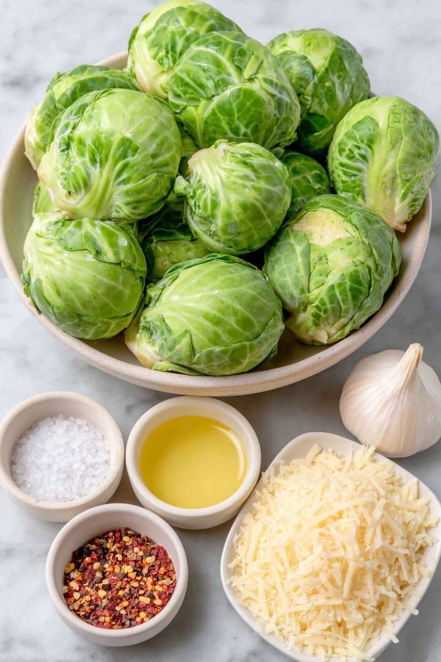 Flat lay of fresh green Brussels sprouts cut in half, a small white ceramic bowl with golden olive oil, a whole white garlic clove, a small white bowl filled with fine kosher salt crystals, a small white bowl with freshly ground black peppercorns, a pinch of bright red pepper flakes on a white ceramic dish, a small mound of finely grated pale yellow Parmesan cheese on a simple white ceramic plate placed on a clean white marble surface, soft natural light, photo taken with an iPhone, professional food photography style, fresh ingredients, white ceramic bowls, no bottles, no duplicates, no utensils, no packaging --ar 2:3 --v 7 --p m7354615311229779997 - Crispy Parmesan Brussels Sprouts, Brussels Sprouts with Parmesan, Easy Brussels Sprouts Recipe, Baked Brussels Sprouts, Healthy Vegetable Side Dish