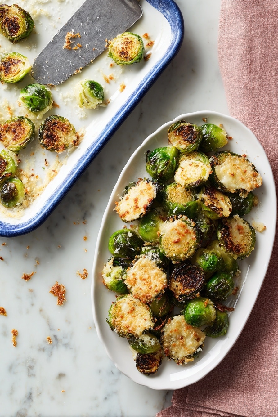 The dish shows roasted Brussels sprouts with a crispy golden-brown crust. There are whole and halved Brussels sprouts with bright green insides and browned, textured outer layers. The sprouts sit in a white bowl, spread evenly and mixed, with some pieces having a crunchy, lacy, golden coating attached. The background is a white marbled surface. Photo taken with an iphone --ar 2:3 --v 7 - Crispy Parmesan Brussels Sprouts, Brussels Sprouts with Parmesan, Easy Brussels Sprouts Recipe, Baked Brussels Sprouts, Healthy Vegetable Side Dish