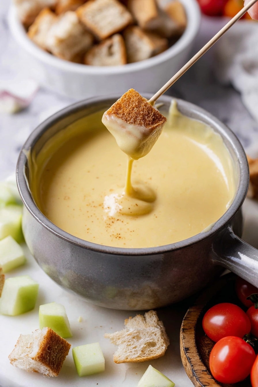A gray pot filled with smooth, thick, light yellow cheese sauce is placed on a white marbled surface. A wooden skewer holds a piece of light brown toasted bread dipped into the cheese sauce, with sauce clinging to the bread. Around the pot, there are small green apple cubes and halved light brown bread pieces scattered on the white marbled surface. A wooden board with a few red grape tomatoes is partially visible on the right side. In the background to the left, there is a blurred white bowl filled with more toasted bread pieces. photo taken with an iphone --ar 2:3 --v 7 - Cheese Fondue, Cheese Fondue with Dippers, Cheese Fondue Recipe, cheese fondue ideas, parties with cheese fondue