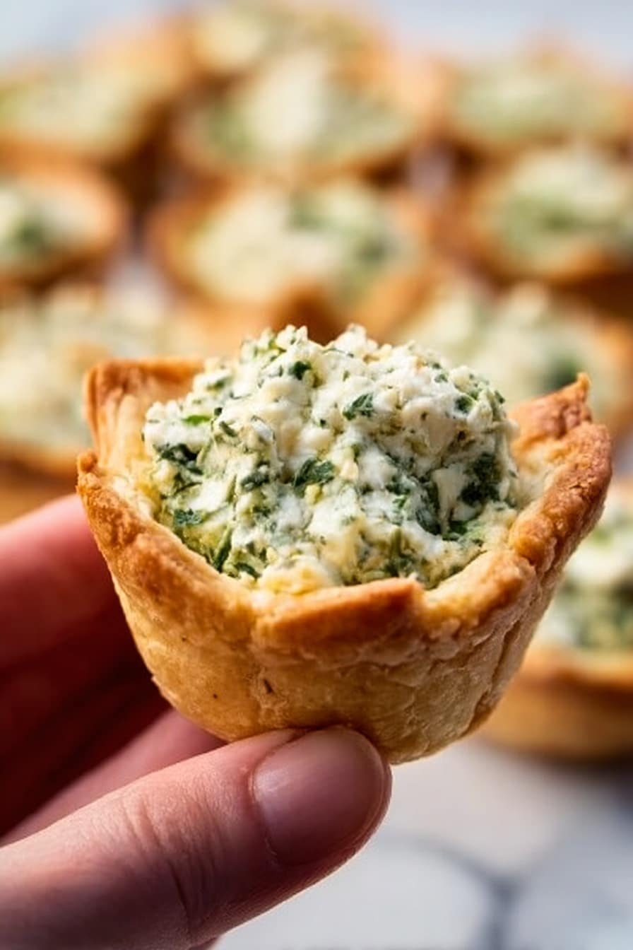 The image shows several small square-shaped pastry cups filled with a spinach and cheese mixture. Each pastry cup has golden brown, crisp edges with a slightly puffed texture. Inside, there is a layer of creamy green spinach mixed with white melted cheese on top, which looks soft and slightly bubbly. The cups are closely arranged on a wooden surface with a light, natural grain. The background is softly blurred, drawing attention to the details of the pastry cups in the foreground. photo taken with an iphone --ar 2:3 --v 7 - Spinach Artichoke Bites, Spinach Artichoke Appetizer, Easy Spinach Bites, Cheesy Spinach Snacks, Crowd-Pleasing Appetizer