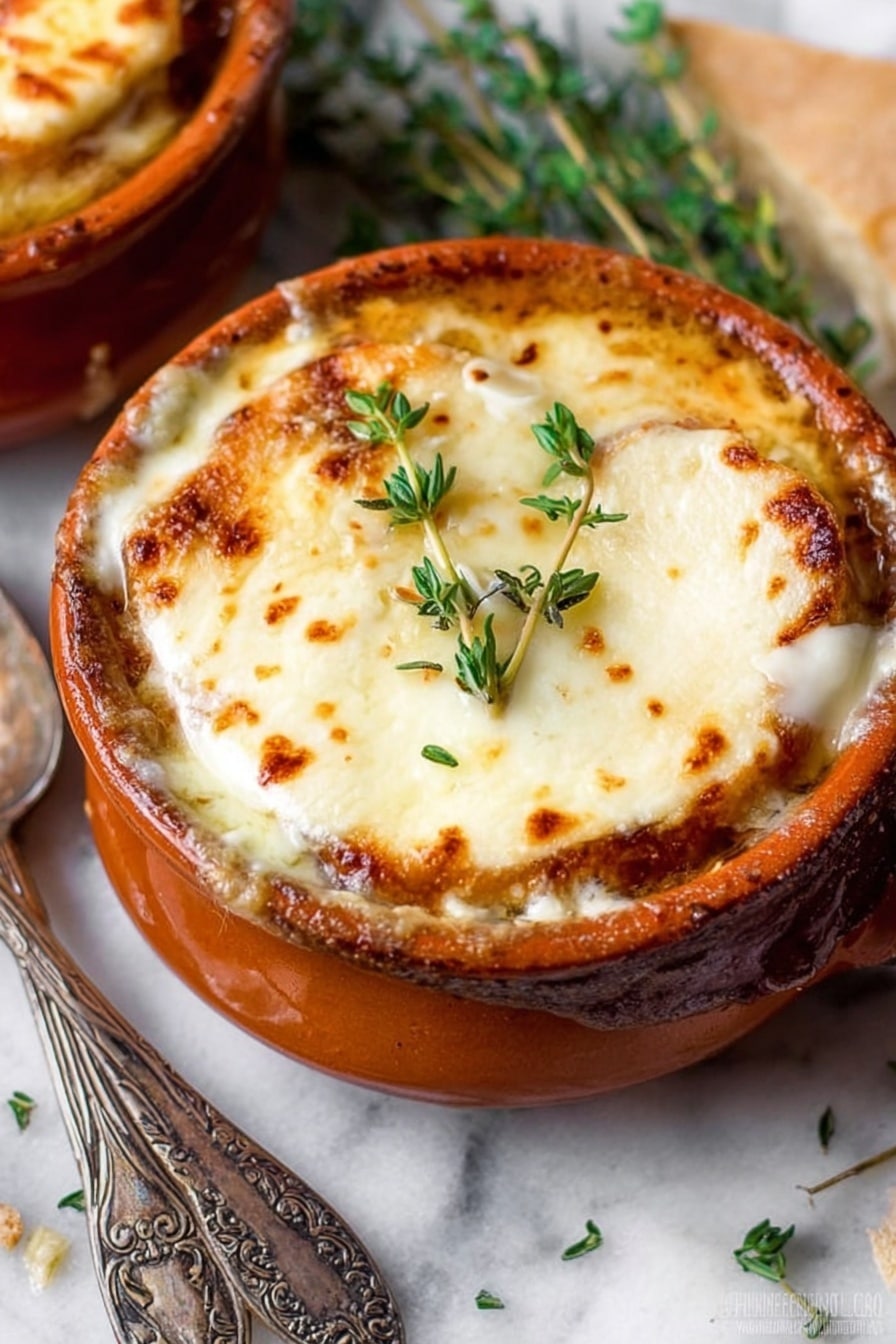The image shows a small round white ceramic bowl filled with a dish that has three layers. The bottom layer is a golden-brown base, likely cooked meat or vegetables in sauce. On top of this is a thick layer of melted white cheese with light golden spots from baking, covering the whole surface smoothly. There are a few fresh green thyme sprigs placed on top of the cheese for decoration. The bowl is set on a white marbled surface, and next to it is a metal spoon with ornate handles and some scattered green herbs around. The overall look is warm and inviting, with a crispy cheese topping that looks soft and creamy underneath. Photo taken with an iphone --ar 2:3 --v 7 - Crockpot French Onion Soup with Cheese, slow cooker onion soup, easy French onion soup recipe, cheesy onion soup, comforting slow cooker soup