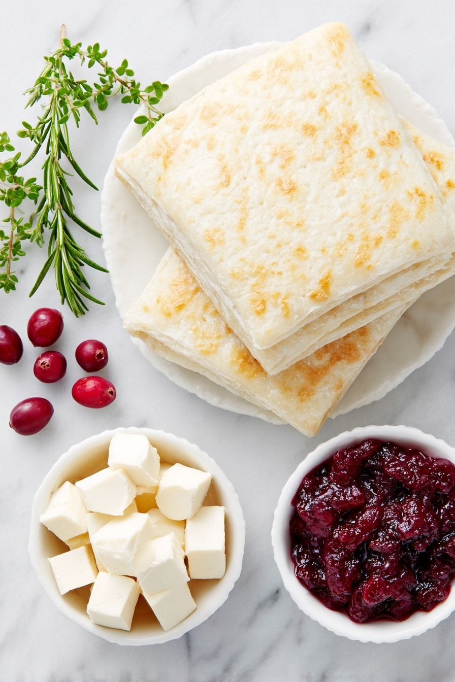Flat lay of a sheet of pale golden puff pastry with visible layers, small cubes of creamy white brie cheese with a thin rind, a small white ceramic bowl filled with bright red cranberry sauce, and a few fresh green sprigs of rosemary arranged neatly, all placed on a clean white marble surface, soft natural light, photo taken with an iPhone, professional food photography style, fresh ingredients, white ceramic bowls, no bottles, no duplicates, no utensils, no packaging --ar 2:3 --v 7 --p m7354615311229779997 - Cranberry Brie Puff Pastry Bites, holiday appetizer recipes, easy party finger foods, festive Brie bites, cranberry appetizer ideas