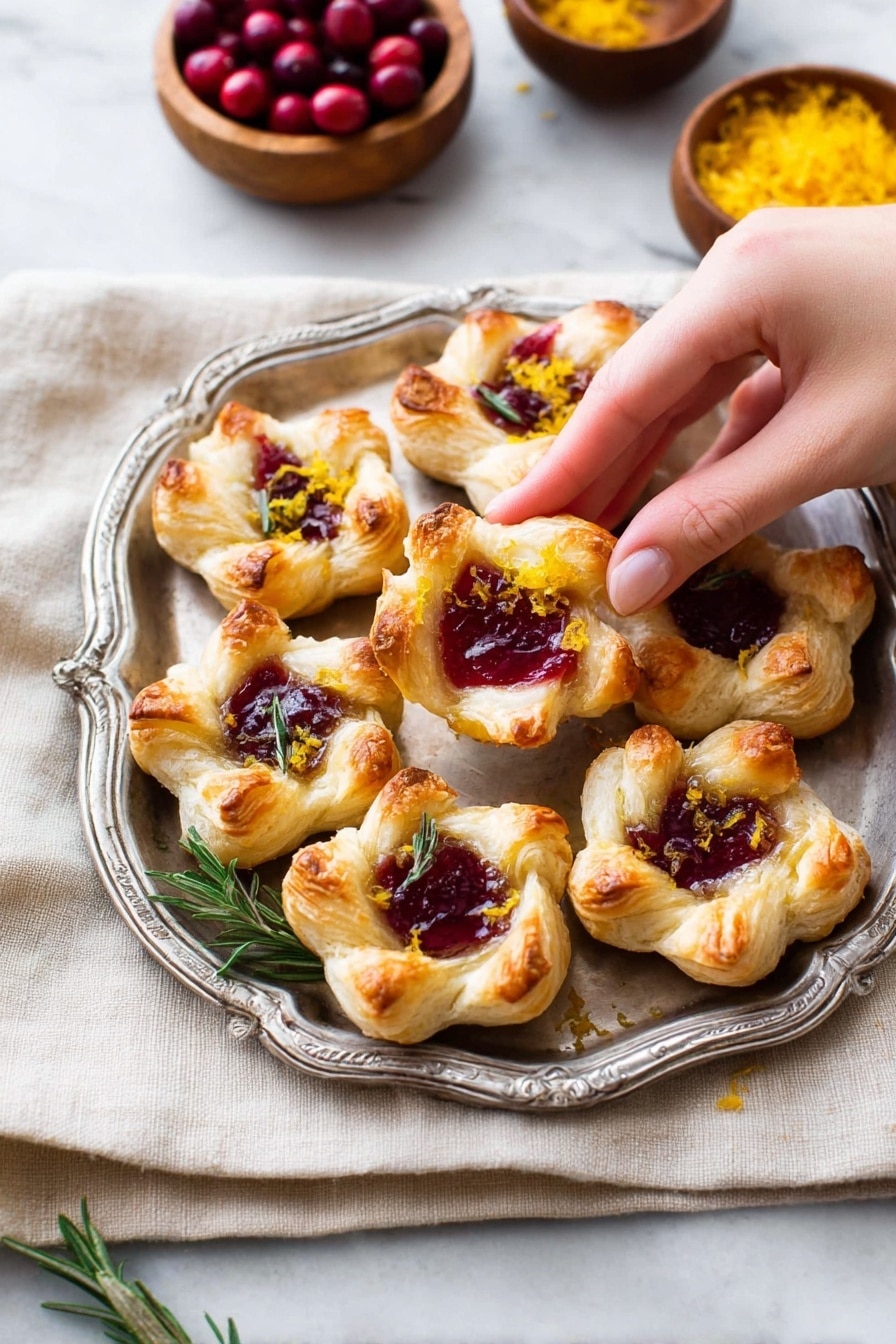 A silver tray holds eight puff pastries, each shaped like a flower with four golden-brown, flaky petals curved upward around a deep red, glossy filling in the center. Some pastries have small green rosemary sprigs on top, while others are decorated with bright yellow zest. The tray rests on a light beige cloth over a white marbled surface. In the background, there are two small wooden bowls, one filled with whole fresh cranberries and the other with orange zest. A woman's hand is reaching to pick up one of the pastries. Photo taken with an iphone --ar 2:3 --v 7 - Cranberry Brie Puff Pastry Bites, holiday appetizer recipes, easy party finger foods, festive Brie bites, cranberry appetizer ideas