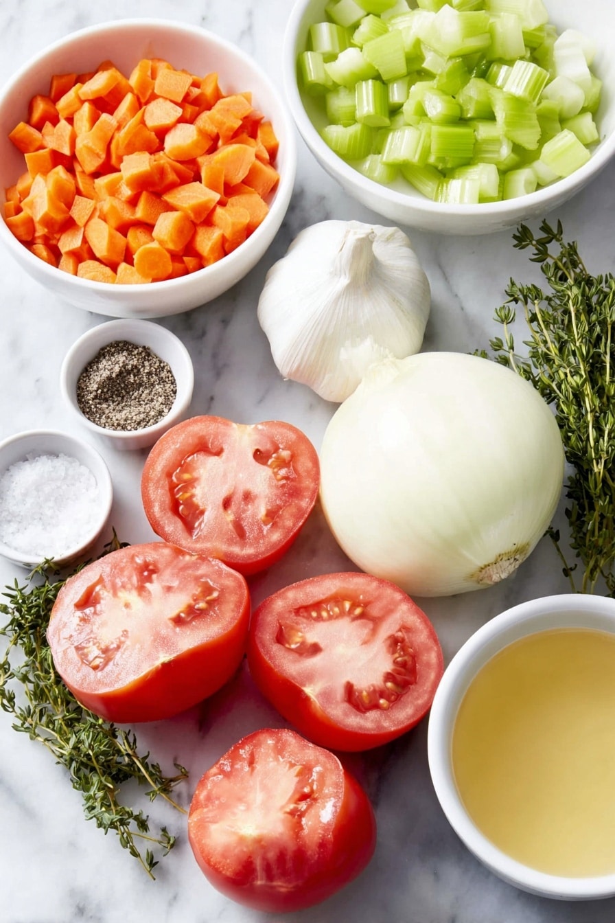 Flat lay of ripe halved roma tomatoes with vibrant red flesh, a whole bulb of garlic with papery white skin, fresh green thyme sprigs, a large peeled and diced white onion, bright orange shredded carrots, crisp light green diced celery stalks, a handful of fresh chopped basil leaves, a small white bowl of smooth cream, a small white bowl of golden chicken broth, and small white bowls of coarse salt and black peppercorns, all arranged in perfect symmetry with balanced proportions on a clean white marble surface, soft natural light, photo taken with an iPhone, professional food photography style, fresh ingredients, white ceramic bowls, no bottles, no duplicates, no utensils, no packaging --ar 2:3 --v 7 --p m7354615311229779997 - Creamy Roasted Tomato Soup, roasted tomato soup recipe, easy tomato soup, comforting tomato soup, homemade tomato soup