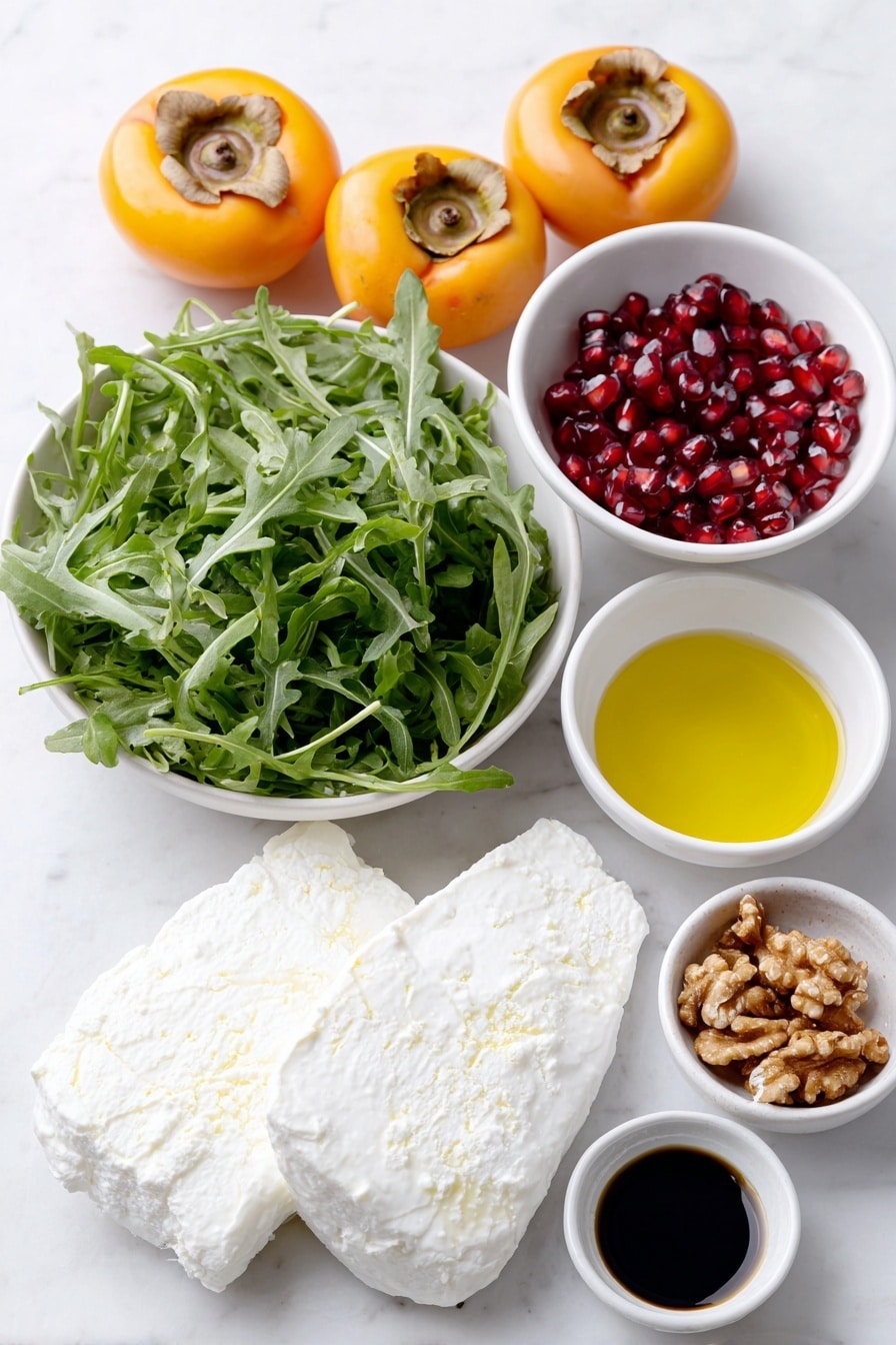 Flat lay of fresh arugula leaves arranged neatly, two whole Fuyu persimmons sliced into wedges showing bright orange flesh, a small pile of raw walnuts with natural textures, torn pieces of creamy white burrata cheese, a small white bowl filled with ruby red pomegranate seeds, and two small white bowls containing dark balsamic vinegar and golden olive oil placed side by side, along with a tiny white bowl of amber maple syrup and a tiny white bowl of fine white salt, all ingredients symmetrically spaced on a clean white marble surface, soft natural light, photo taken with an iPhone, professional food photography style, fresh ingredients, white ceramic bowls, no bottles, no duplicates, no utensils, no packaging --ar 2:3 --v 7 --p m7354615311229779997 - Persimmon Burrata Salad with Balsamic Dressing, persimmon salad, burrata cheese salad, easy fall salads, fresh fruit salad recipes