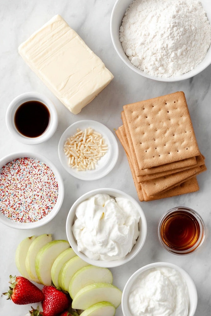 Flat lay of softened butter in a small white ceramic bowl, a block of cream cheese resting beside it, a small white bowl filled with fine white flour, a small white bowl containing smooth non-fat vanilla Greek yogurt, a small white bowl holding fluffy powdered sugar, a small white bowl with golden holiday sprinkles, a small white bowl with clear vanilla extract, a neat stack of rectangular graham crackers, fresh strawberries and sliced green apples arranged simply, all ingredients fresh and natural, perfect symmetry and balanced layout, placed on a clean white marble surface, soft natural light, photo taken with an iPhone, professional food photography style, fresh ingredients, white ceramic bowls, no bottles, no duplicates, no utensils, no packaging --ar 2:3 --v 7 --p m7354615311229779997 - Christmas Cookie Dough Dip, festive holiday dip, no-bake Christmas dessert, easy Christmas treat, Christmas party snack