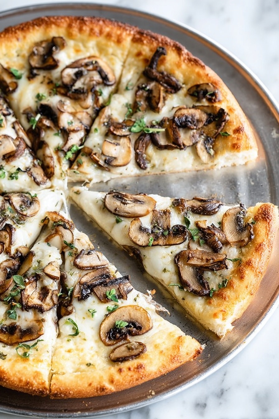 A sliced pizza on a round metal tray with six slices shows a golden crust with mild browning. The pizza has a creamy white cheese layer with scattered cooked mushroom slices that have a soft texture and dark brown edges. Chopped fresh herbs, mostly green, are sprinkled on top, adding a touch of color. In the top left corner, there is a partially visible second pizza on a white marbled surface; it has a red tomato sauce base with small white cheese spots and a golden crust with light browning. photo taken with an iphone --ar 2:3 --v 7 - Mushroom Herb Pizza with Goat Cheese, Mushroom Herb Pizza, Easy Mushroom Pizza, Gourmet Goat Cheese Pizza, Vegetarian Mushroom Pizza